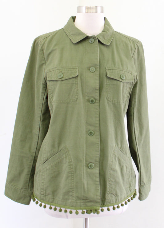Talbots Womens Moss Army Green Pompom Trim Button Front Utility Jacket Size M
