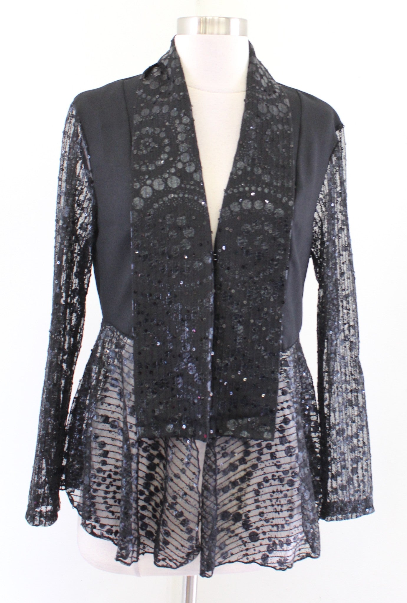 NWT Damee Inc Black Sequin Mesh Embellished Blazer Jacket Size S Tuxedo Style