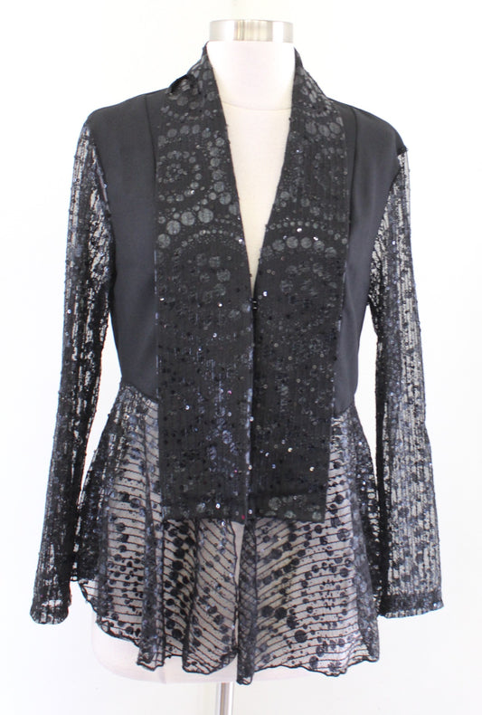 NWT Damee Inc Black Sequin Mesh Embellished Blazer Jacket Size S Tuxedo Style