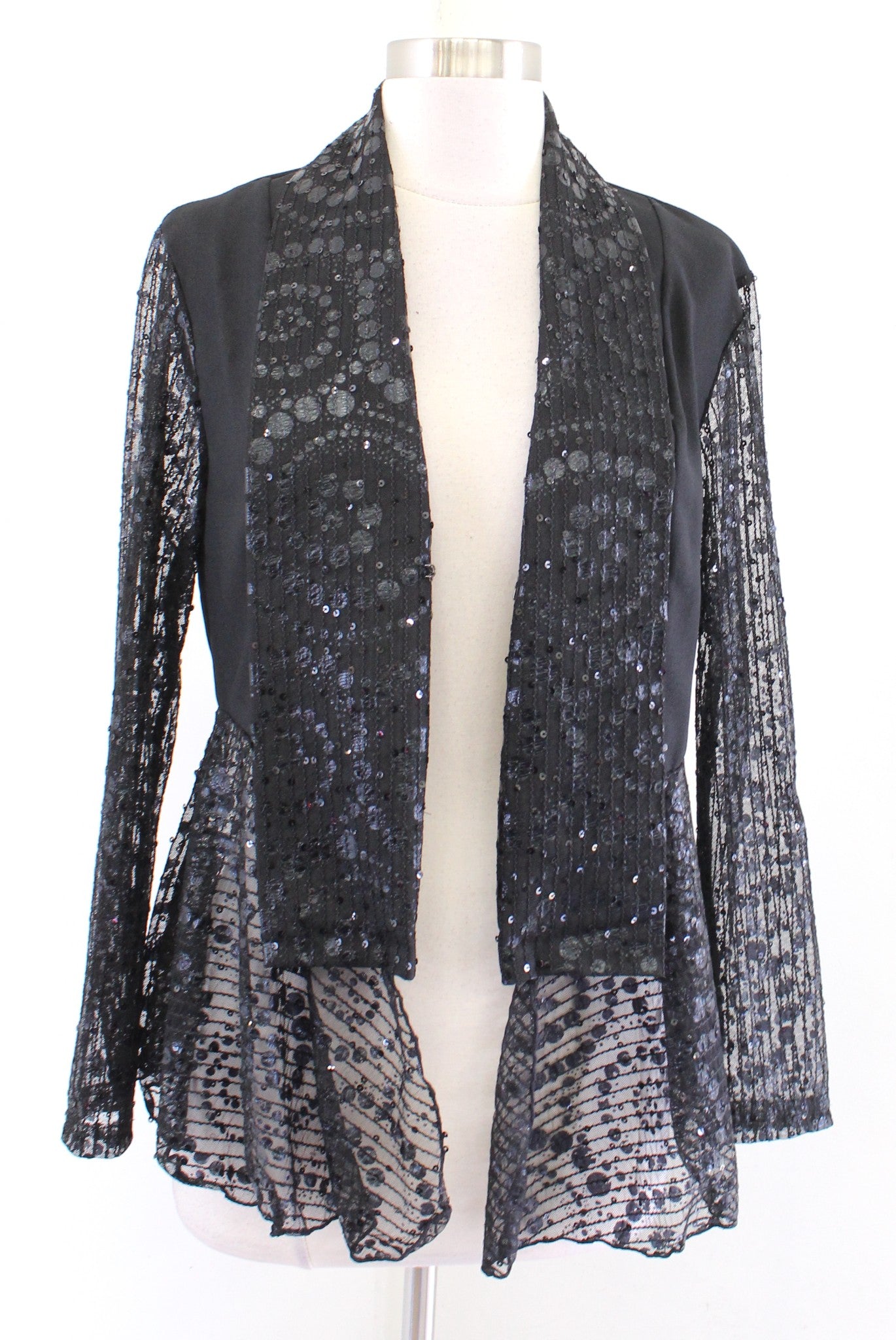 NWT Damee Inc Black Sequin Mesh Embellished Blazer Jacket Size S Tuxedo Style