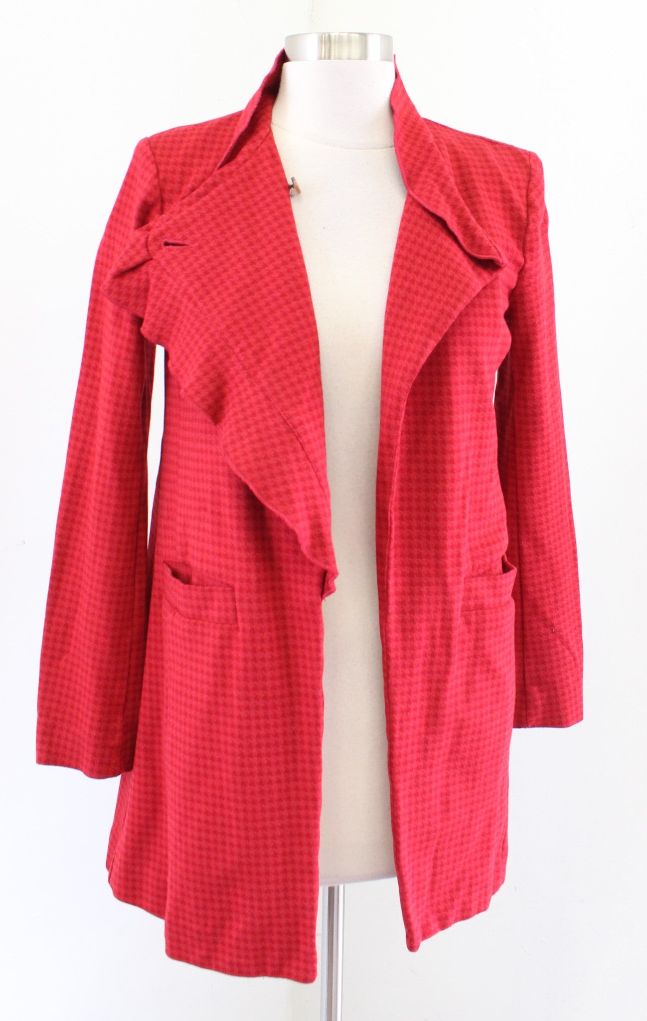 CAbi Red Houndstooth Embossed Ruffle Stand Collar Celebration Coat Jacket Sz XS