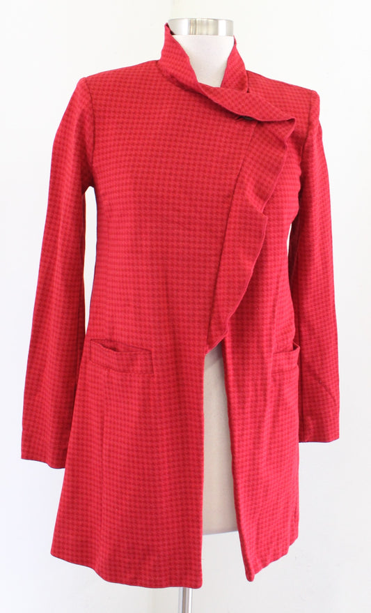 CAbi Red Houndstooth Embossed Ruffle Stand Collar Celebration Coat Jacket Sz XS