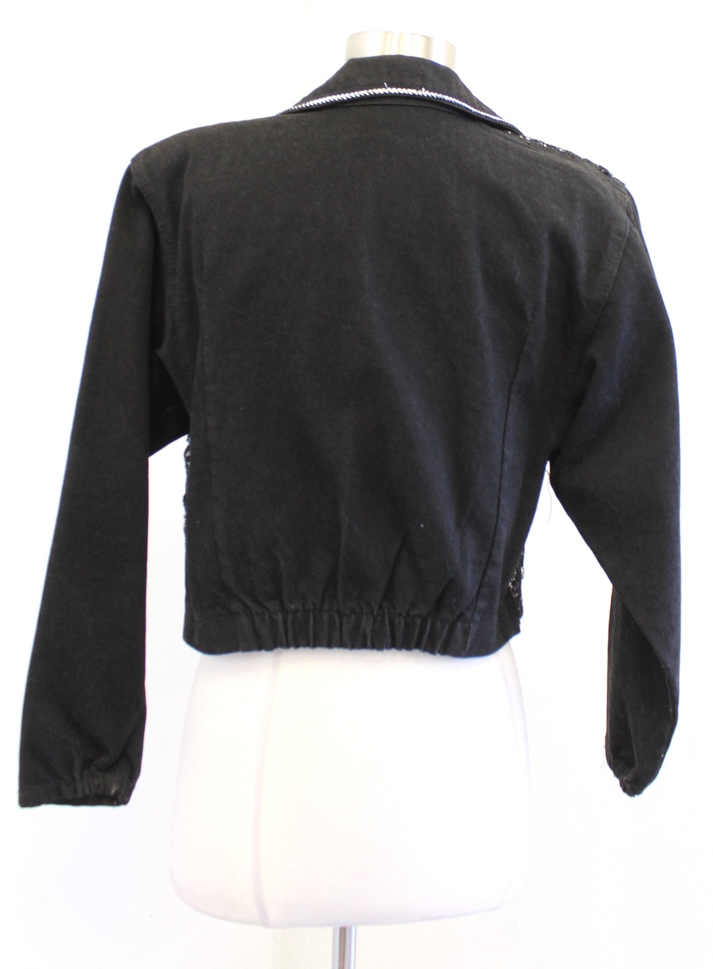 Vtg 90s Cache Black Denim Metallic Embroidered Mesh Cropped Jacket Size S Retro