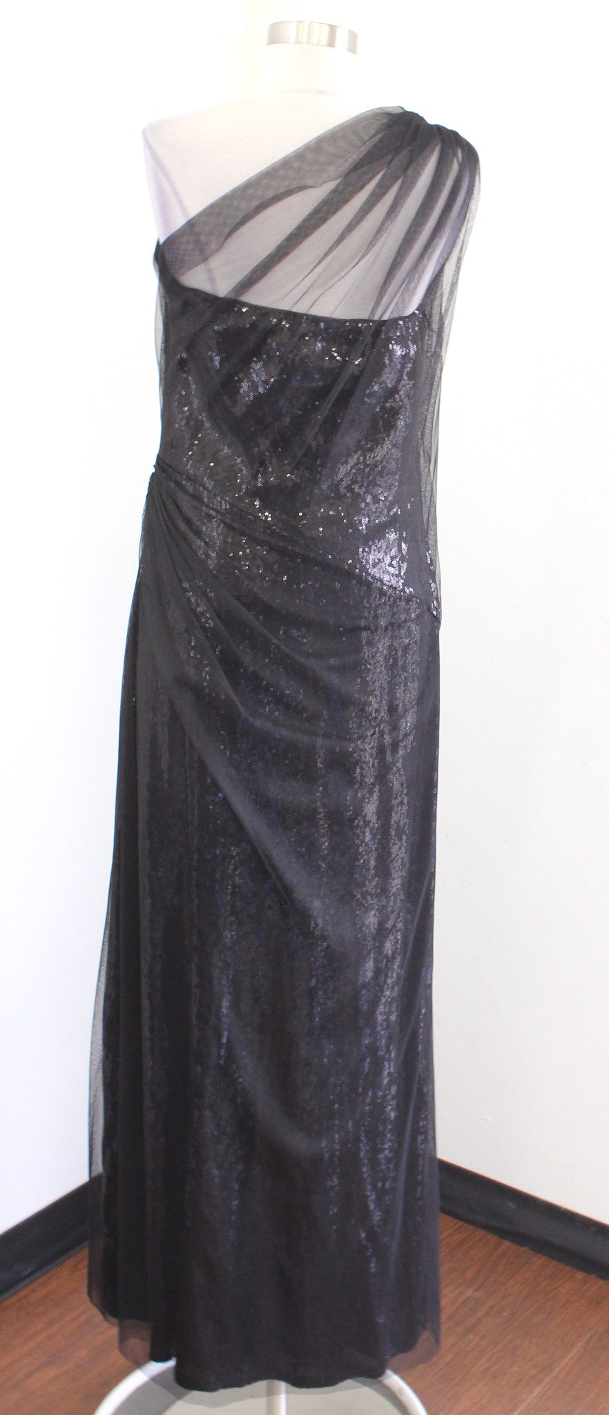 Tadashi Shoji Black Sequin Tulle Mesh One Shoulder Ruched Gown Formal Dress 12