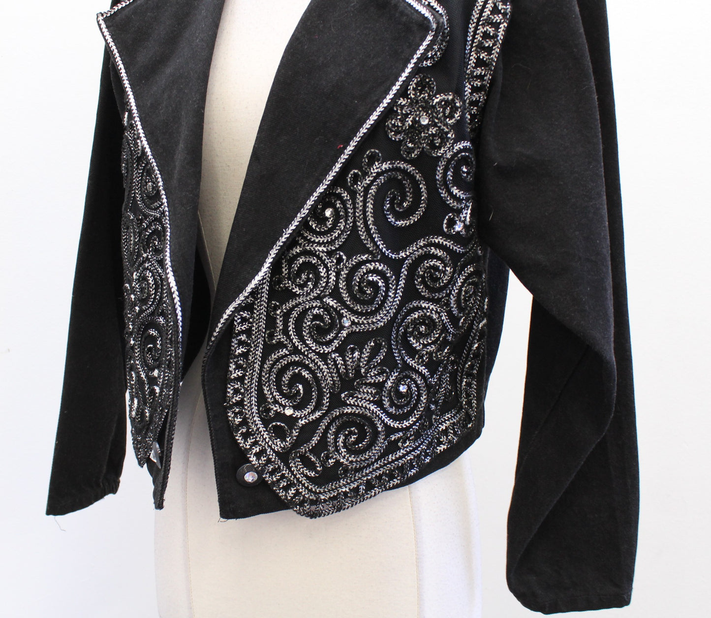 Vtg 90s Cache Black Denim Metallic Embroidered Mesh Cropped Jacket Size S Retro