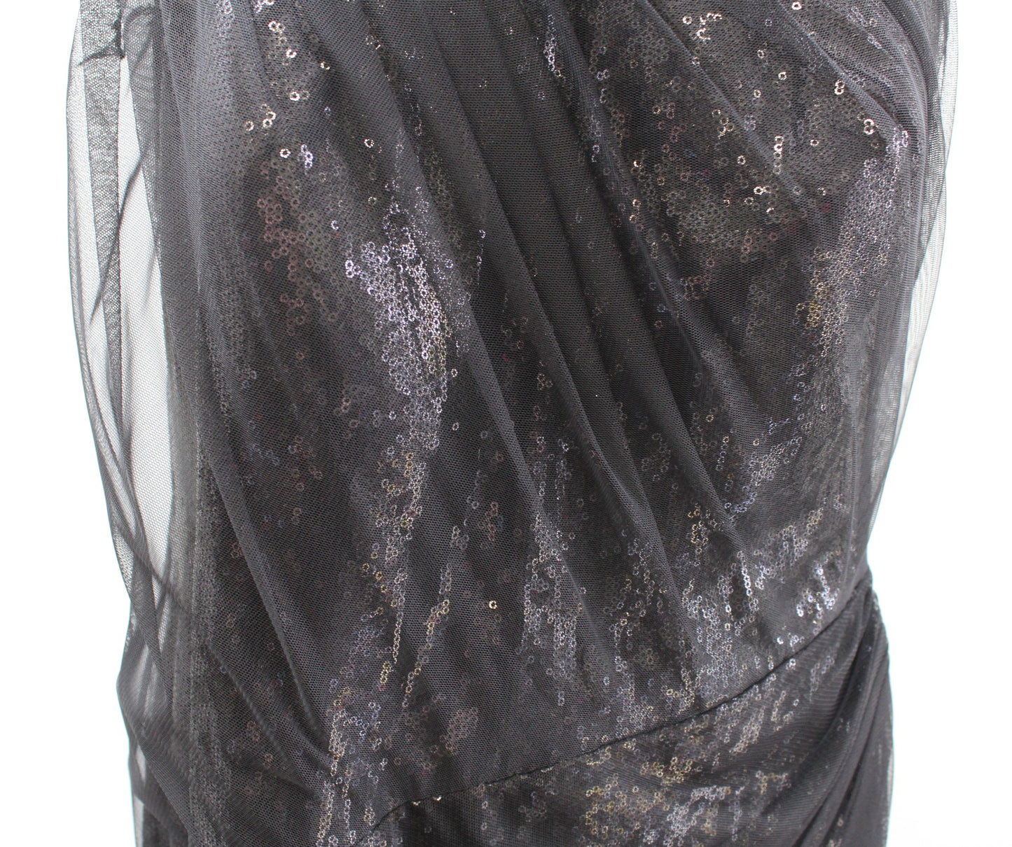 Tadashi Shoji Black Sequin Tulle Mesh One Shoulder Ruched Gown Formal Dress 12