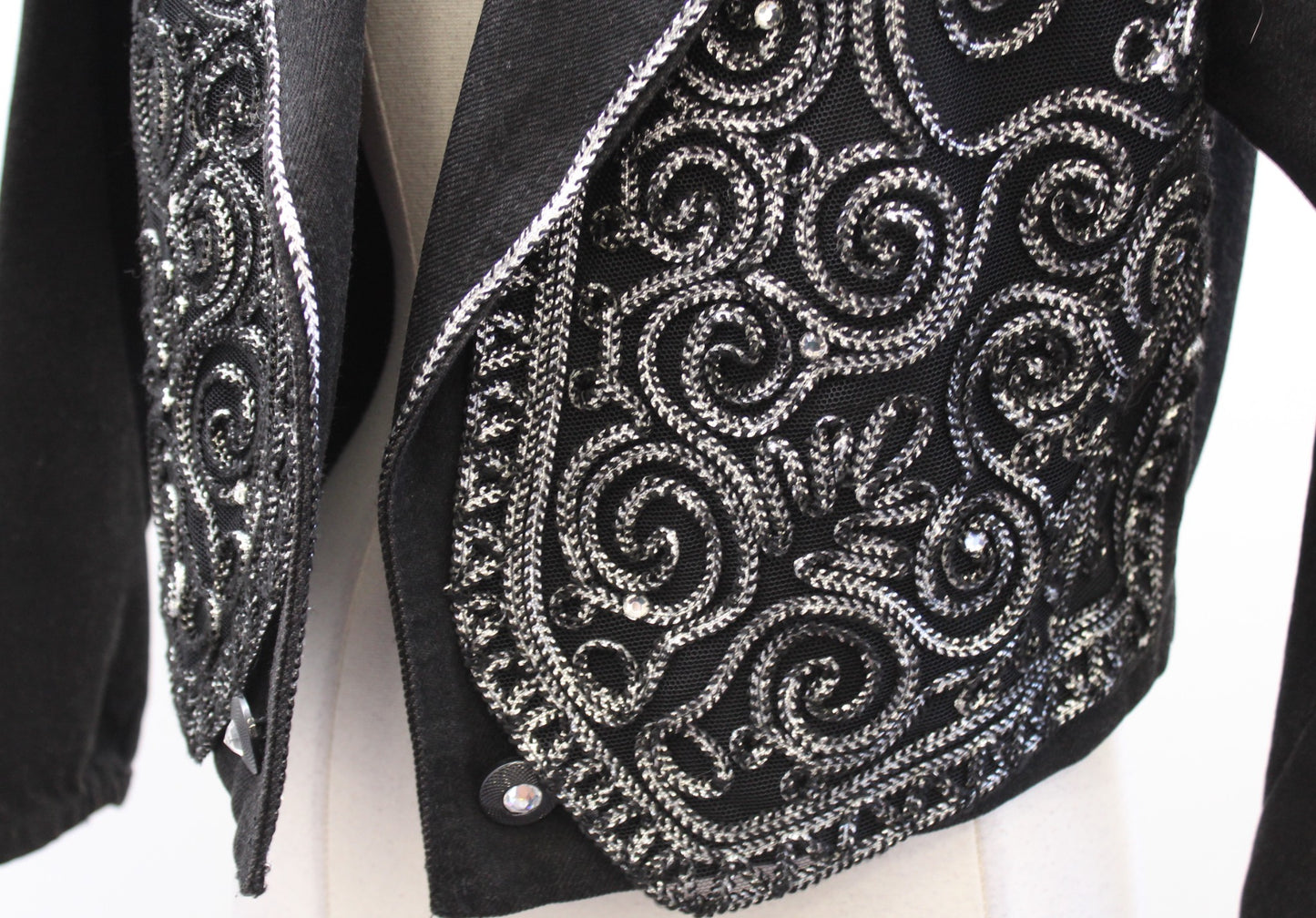 Vtg 90s Cache Black Denim Metallic Embroidered Mesh Cropped Jacket Size S Retro