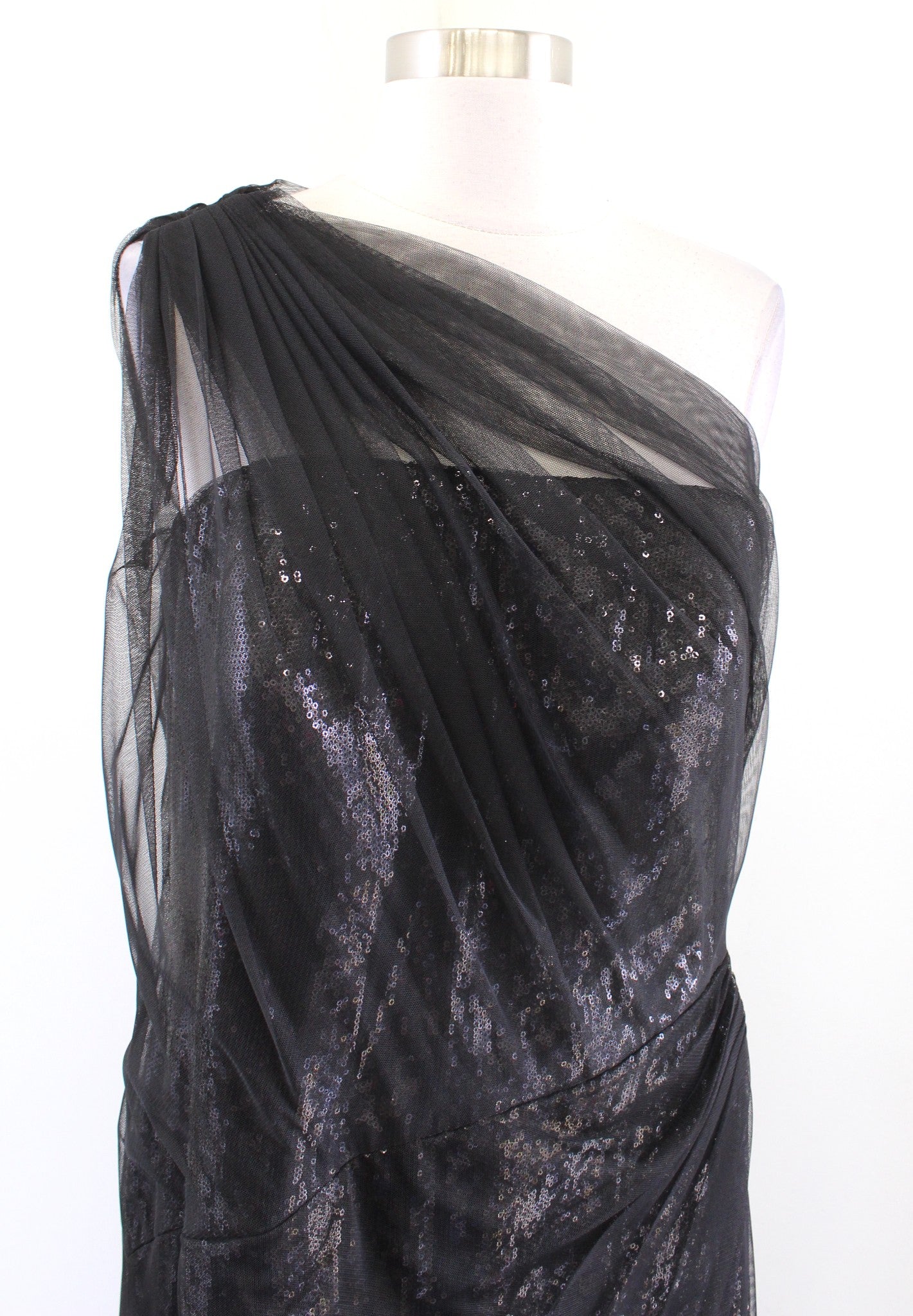Tadashi Shoji Black Sequin Tulle Mesh One Shoulder Ruched Gown Formal Dress 12