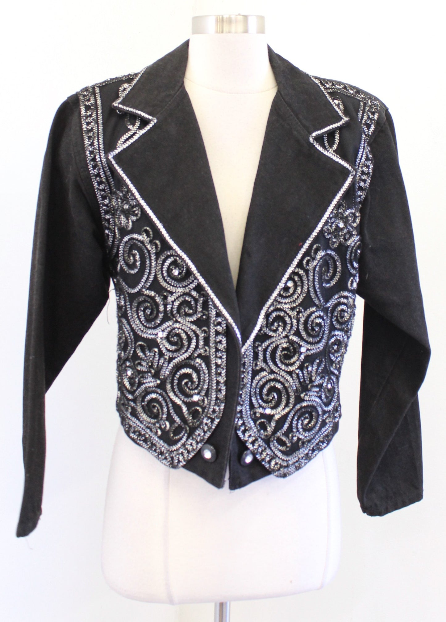 Vtg 90s Cache Black Denim Metallic Embroidered Mesh Cropped Jacket Size S Retro