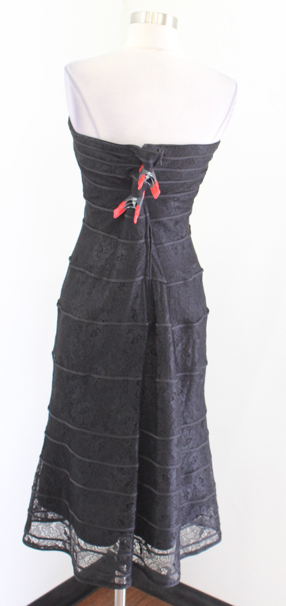 Vtg 90s Tadashi Black Strapless Lace Tiered A Line Cocktail Evening Dress Sz 14