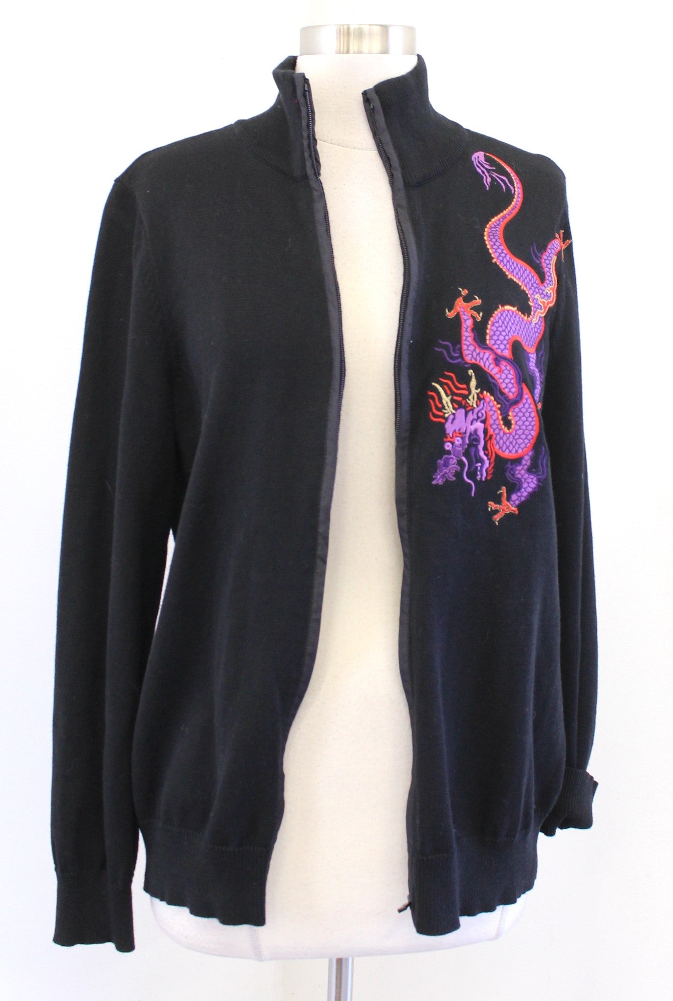 Lauren Ralph Lauren Active Black Embroidered Dragon Zip Sweater Jacket Size XL