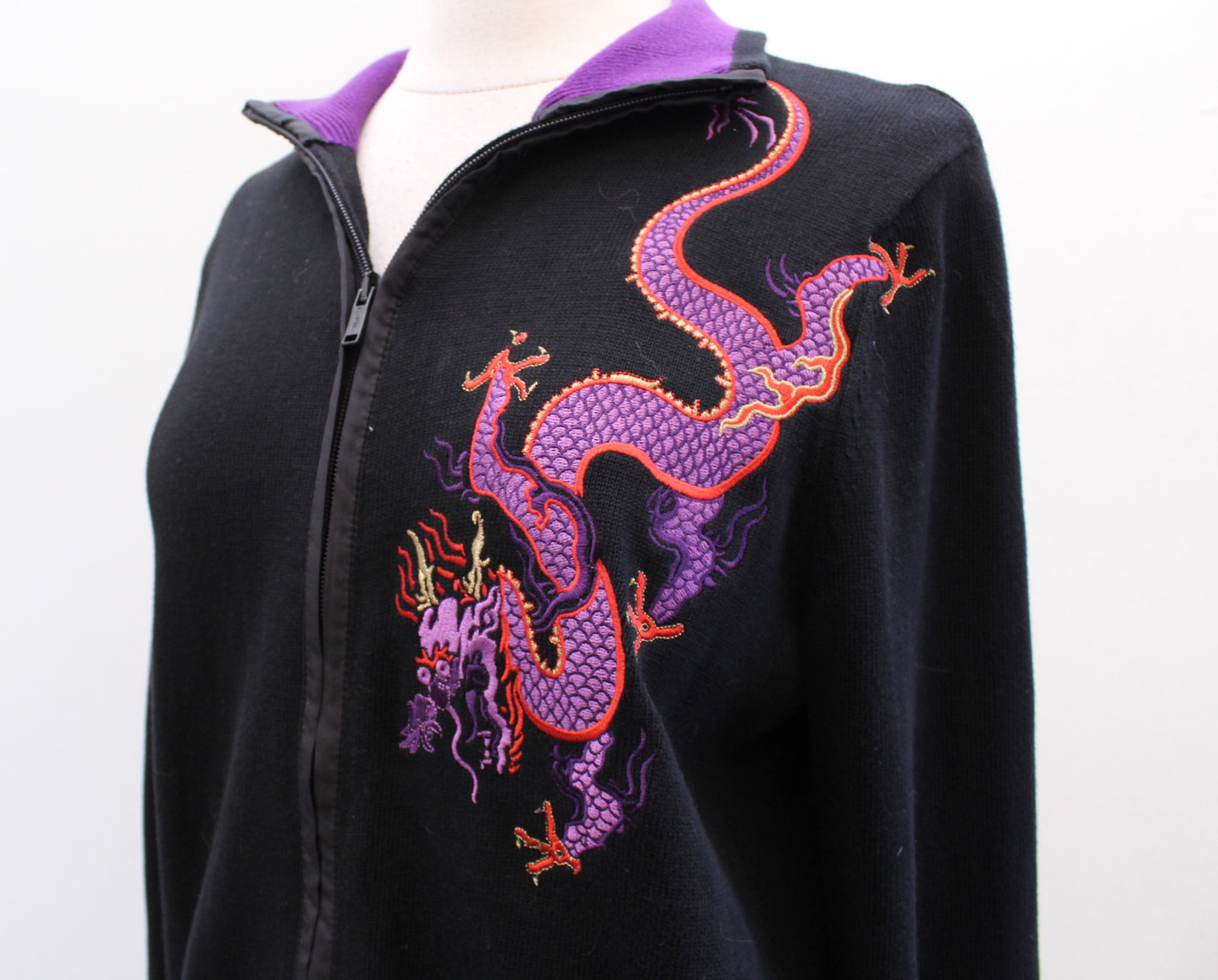 Lauren Ralph Lauren Active Black Embroidered Dragon Zip Sweater Jacket Size XL
