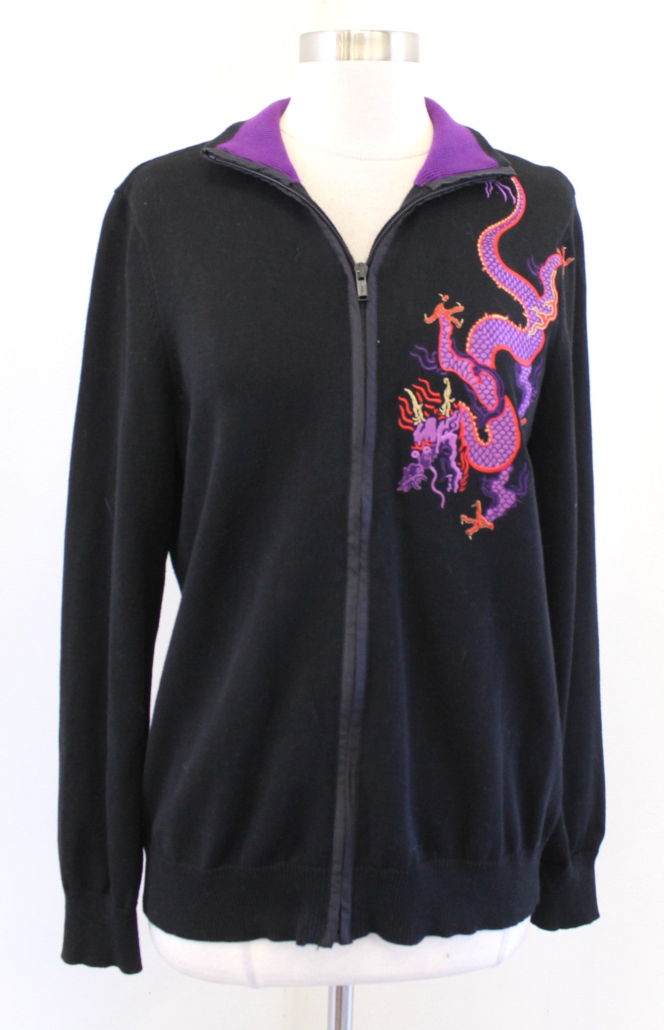 Lauren Ralph Lauren Active Black Embroidered Dragon Zip Sweater Jacket Size XL