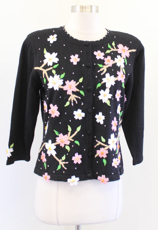 Black Pink 3D Felt Floral Embroidered Embellished Cardigan Sweater Size PL LP