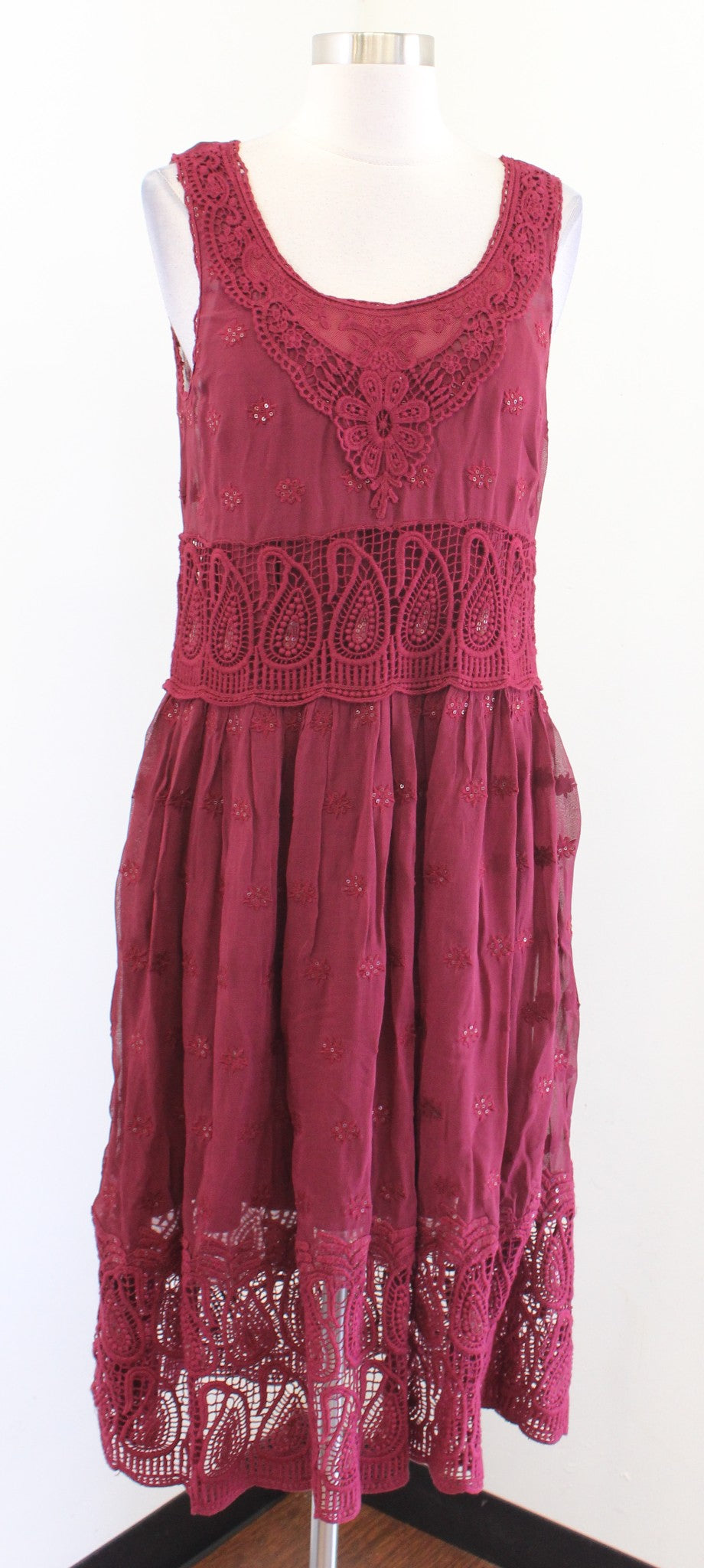 Sundance Catalog Burgundy Embroidered Sequin Midi Dress Size 10P Lace Mesh