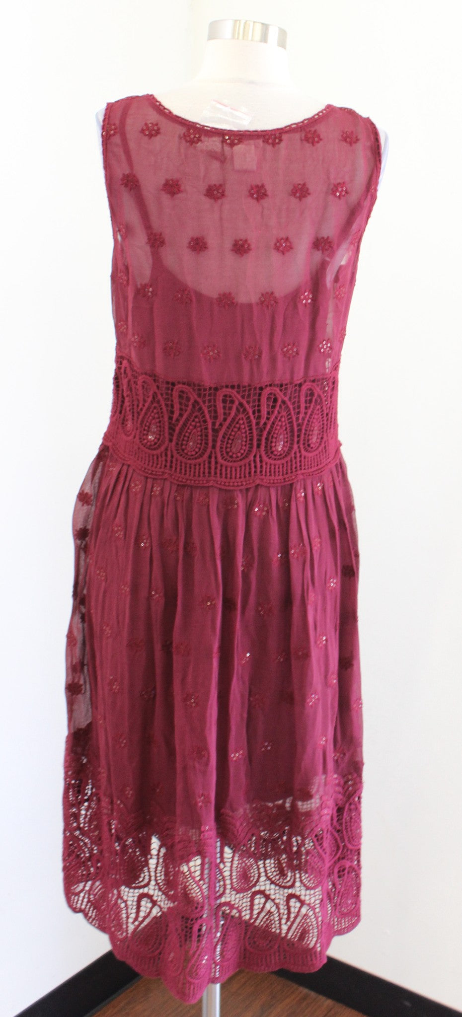 Sundance Catalog Burgundy Embroidered Sequin Midi Dress Size 10P Lace Mesh