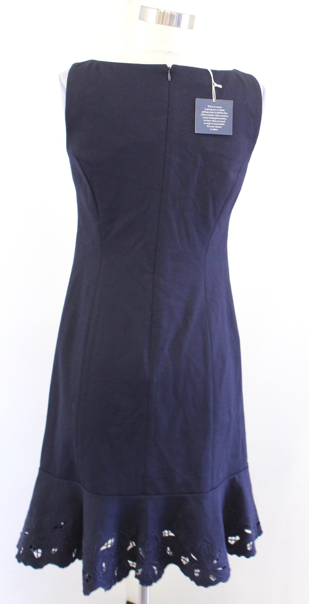 NWT Talbots RSVP Navy Blue Embroidered Eyelet Flounce Hem Sheath Dress Size 2