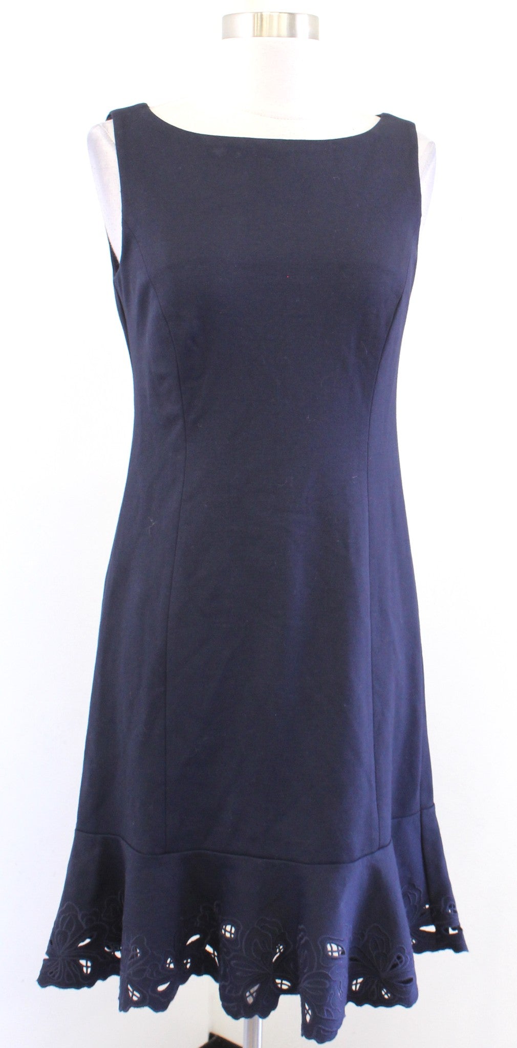 NWT Talbots RSVP Navy Blue Embroidered Eyelet Flounce Hem Sheath Dress Size 2