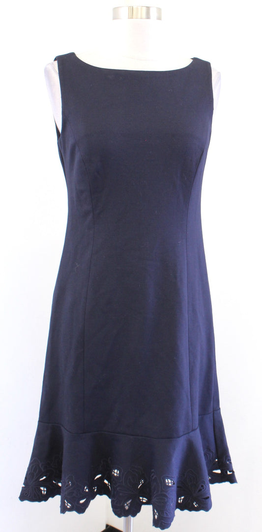 NWT Talbots RSVP Navy Blue Embroidered Eyelet Flounce Hem Sheath Dress Size 2