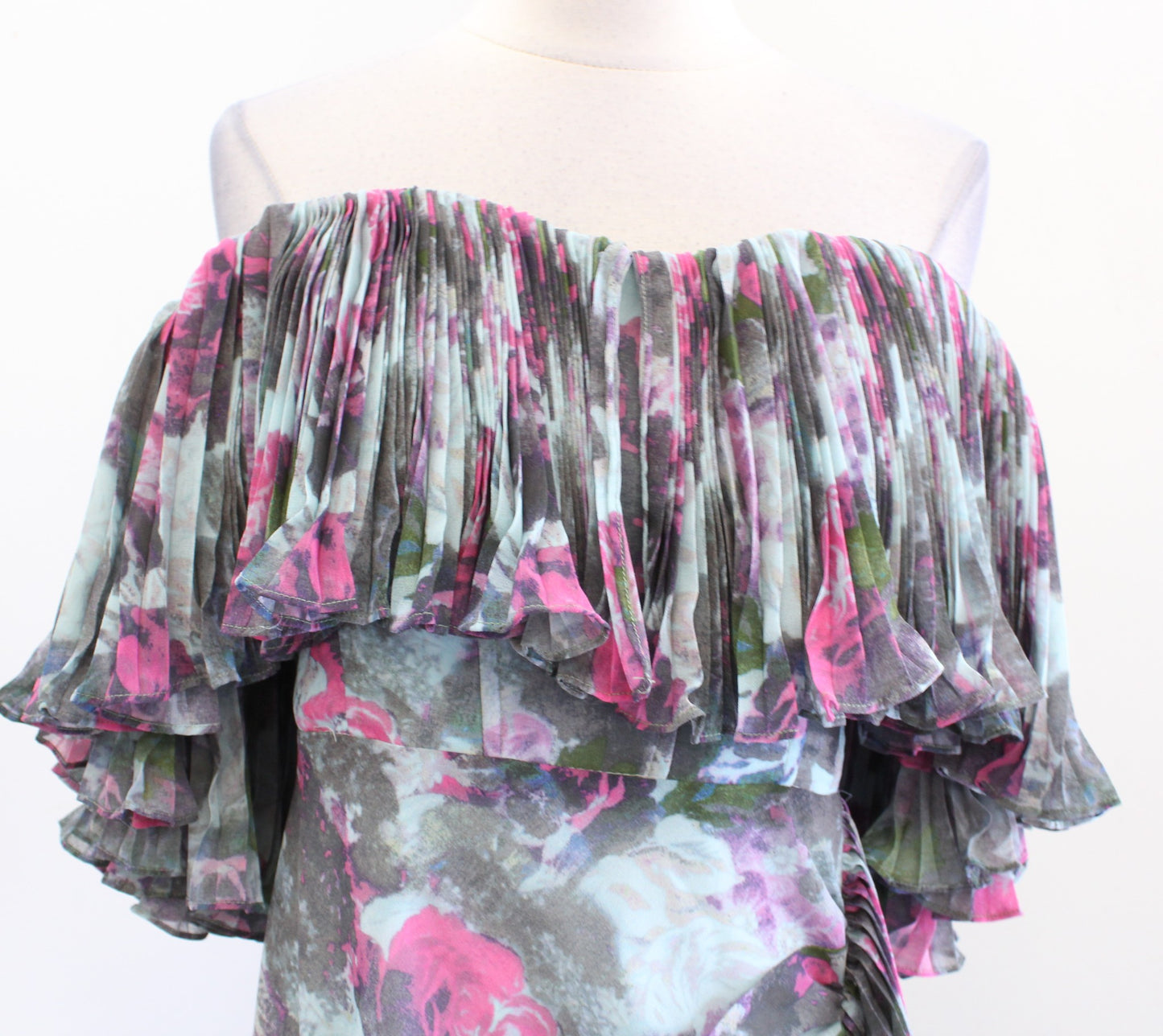 Hutch Anthropologie Floral Ruffle Pleated Off the Shoulder Column Dress 6 Bhldn