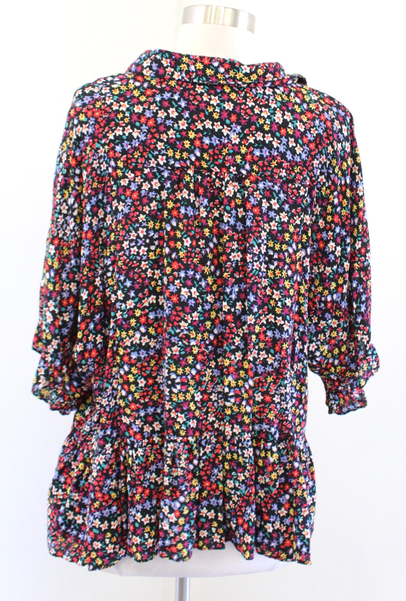 Maeve Anthropologie Mallory Ruffled Top Blouse L Black Colorful Floral Popover