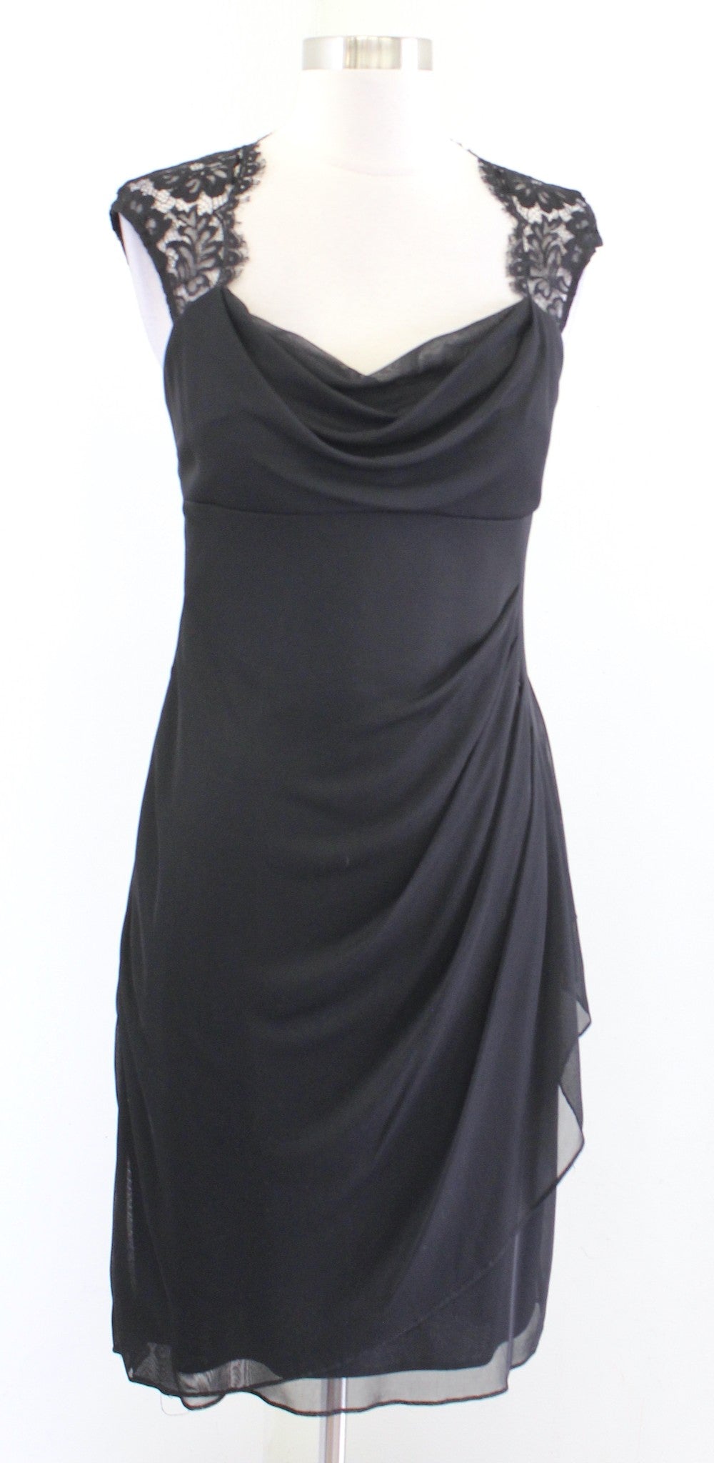 Cache Black Mesh Lace Trim Ruched Ruffle Sheath Dress Size 6 Cocktail Party d