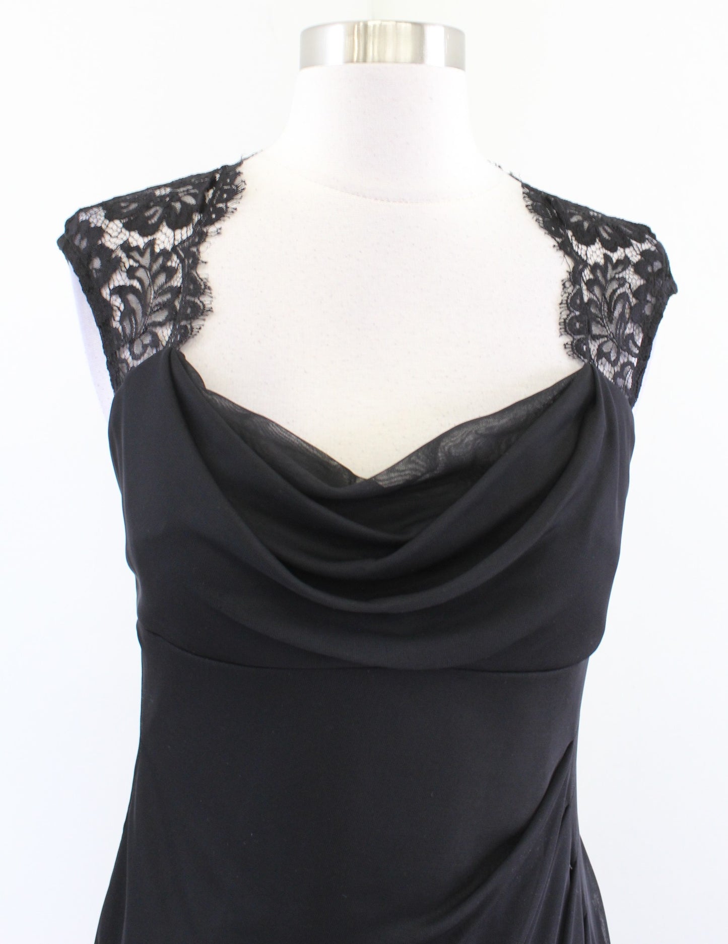 Cache Black Mesh Lace Trim Ruched Ruffle Sheath Dress Size 6 Cocktail Party d