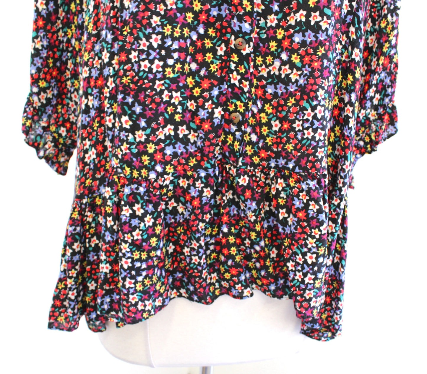 Maeve Anthropologie Mallory Ruffled Top Blouse L Black Colorful Floral Popover