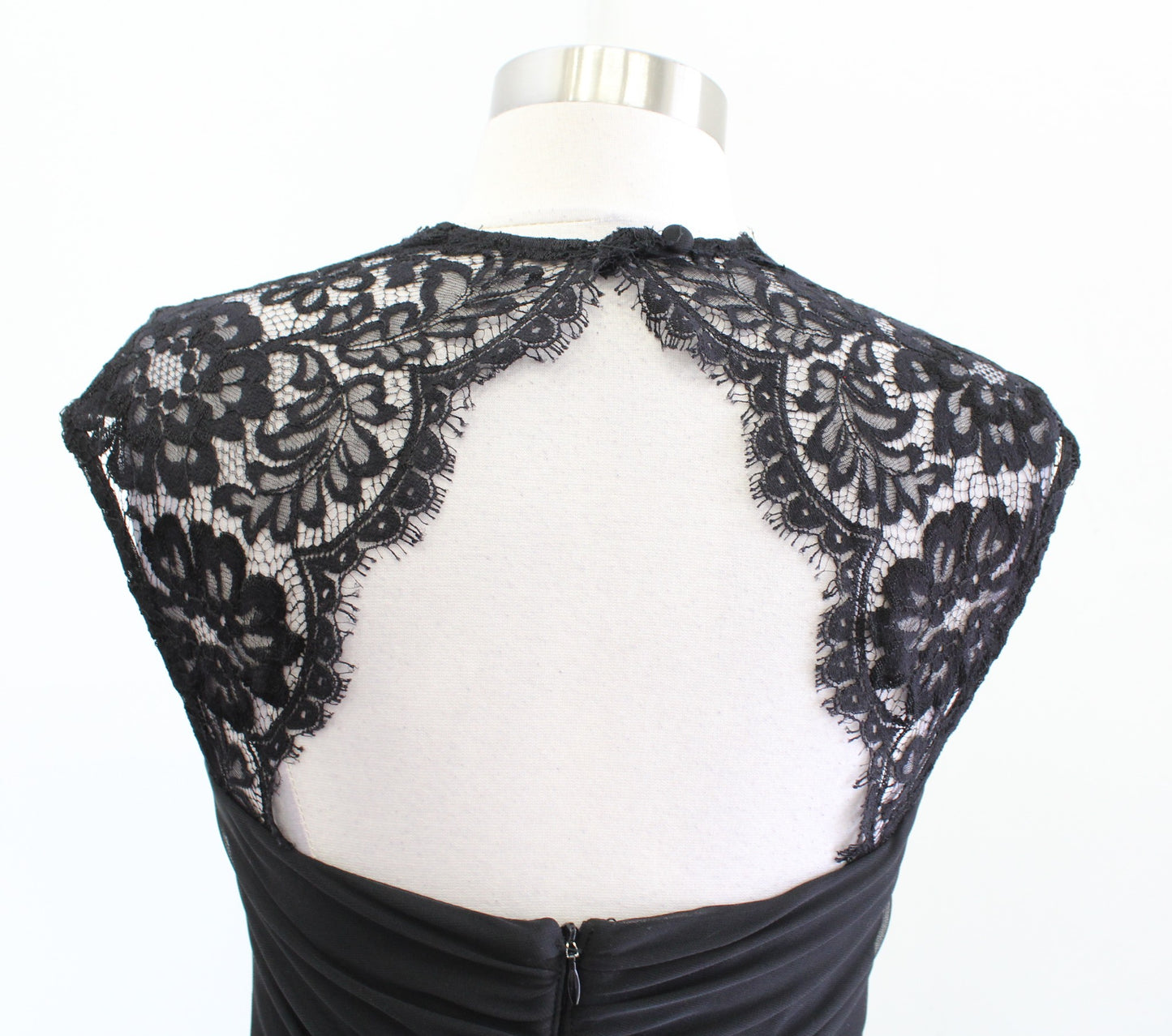 Cache Black Mesh Lace Trim Ruched Ruffle Sheath Dress Size 6 Cocktail Party d