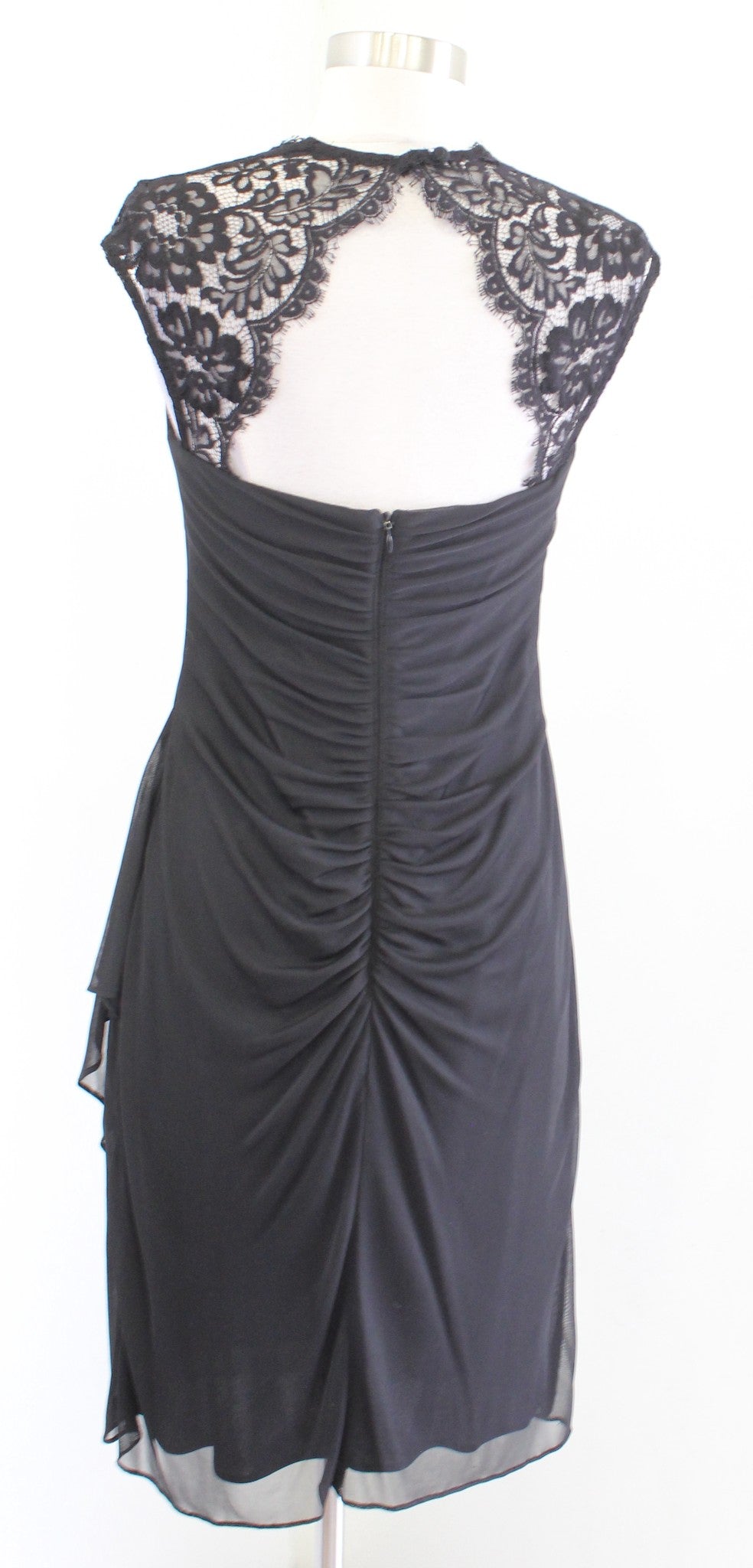 Cache Black Mesh Lace Trim Ruched Ruffle Sheath Dress Size 6 Cocktail Party d