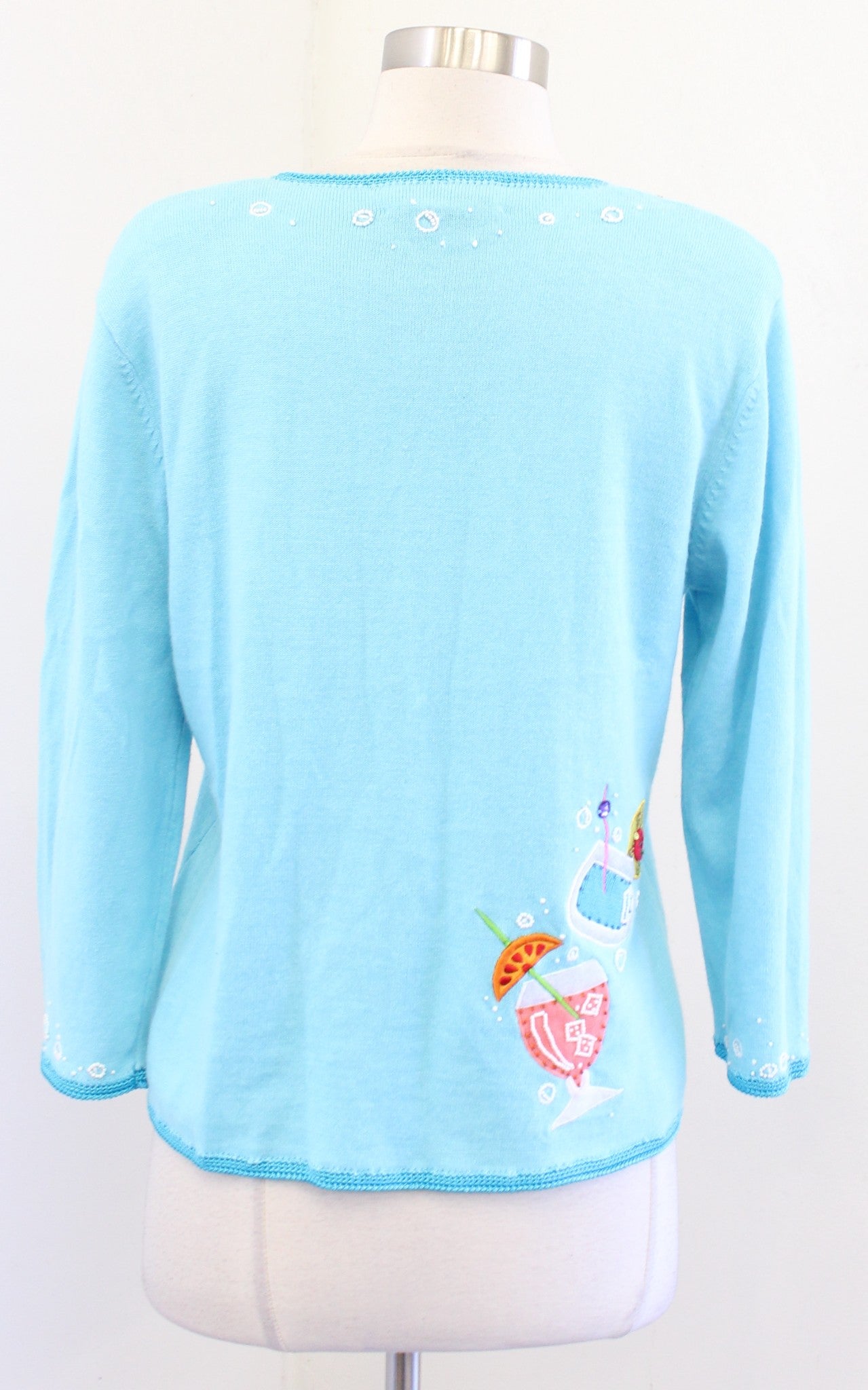 Jack B Quick Blue Embroidered Martini Margarita Drink Sweater Top Size M Y2k