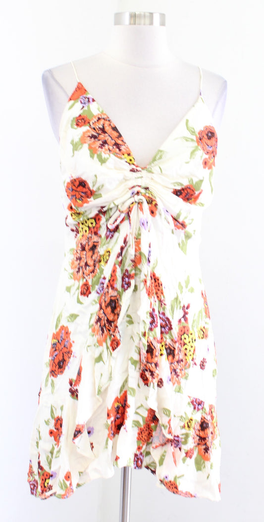 Free People Happy Heart Ivory Combo Floral Ruched Ruffle Mini Dress Size L