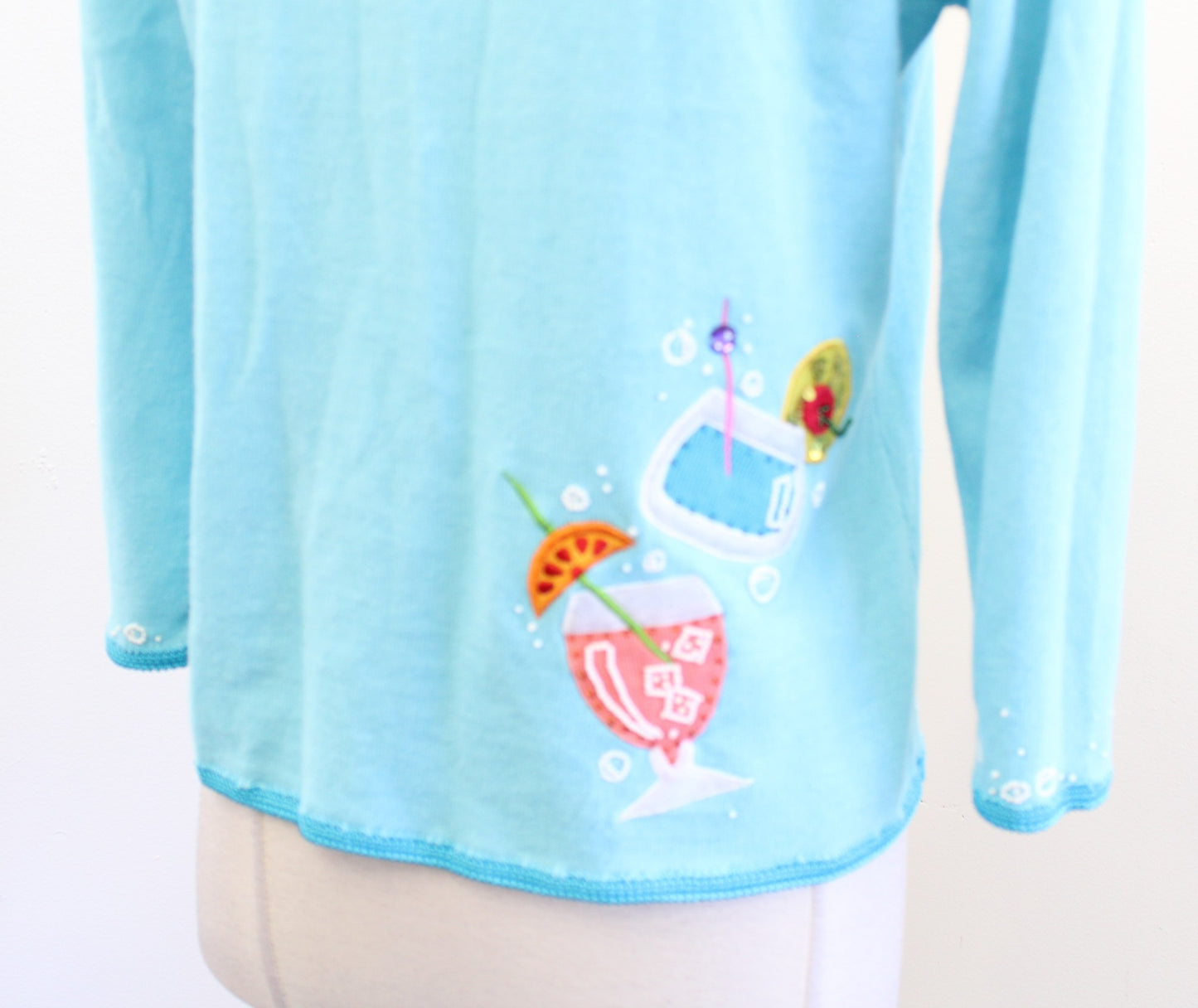 Jack B Quick Blue Embroidered Martini Margarita Drink Sweater Top Size M Y2k