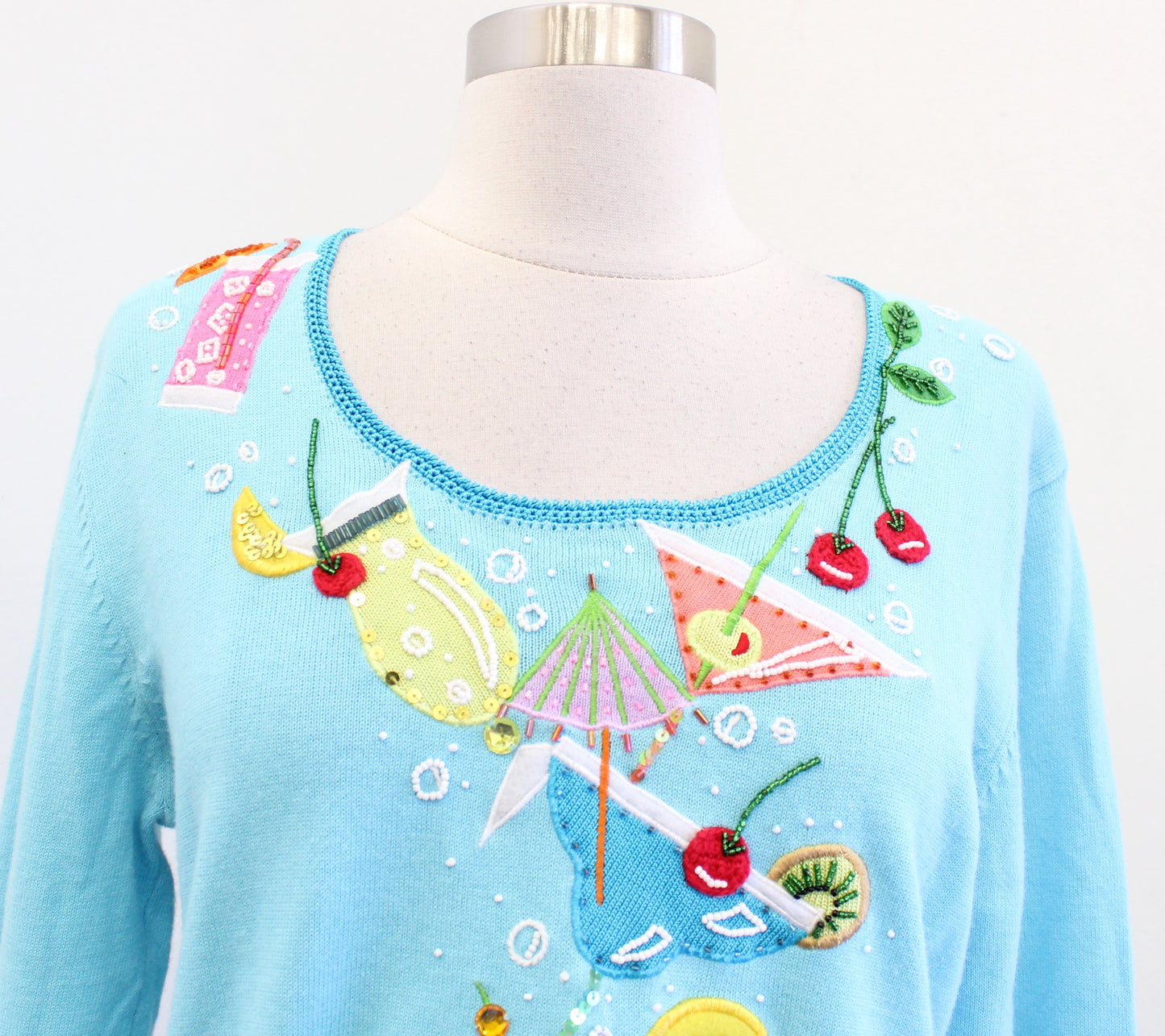 Jack B Quick Blue Embroidered Martini Margarita Drink Sweater Top Size M Y2k