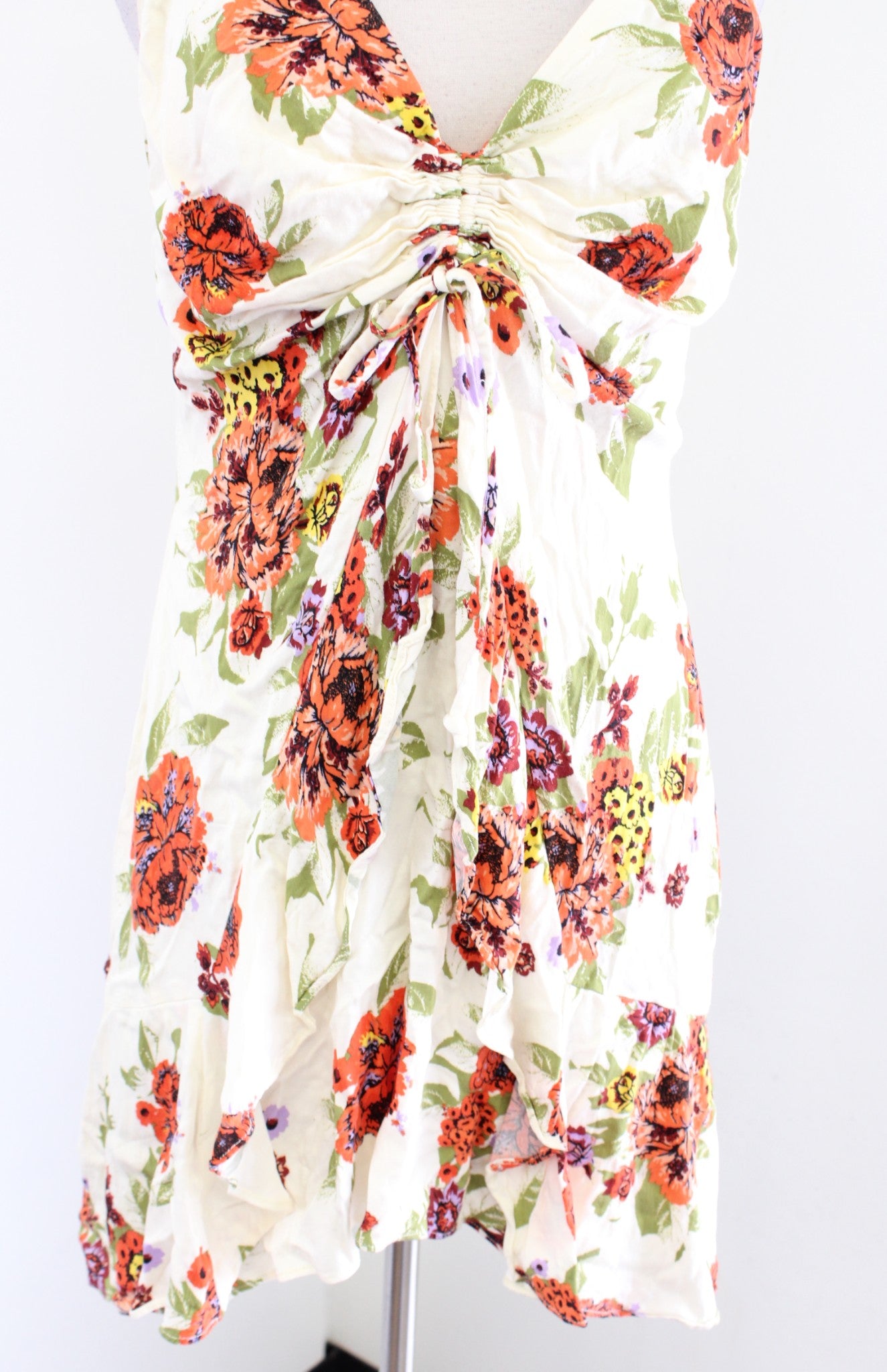 Free People Happy Heart Ivory Combo Floral Ruched Ruffle Mini Dress Size L