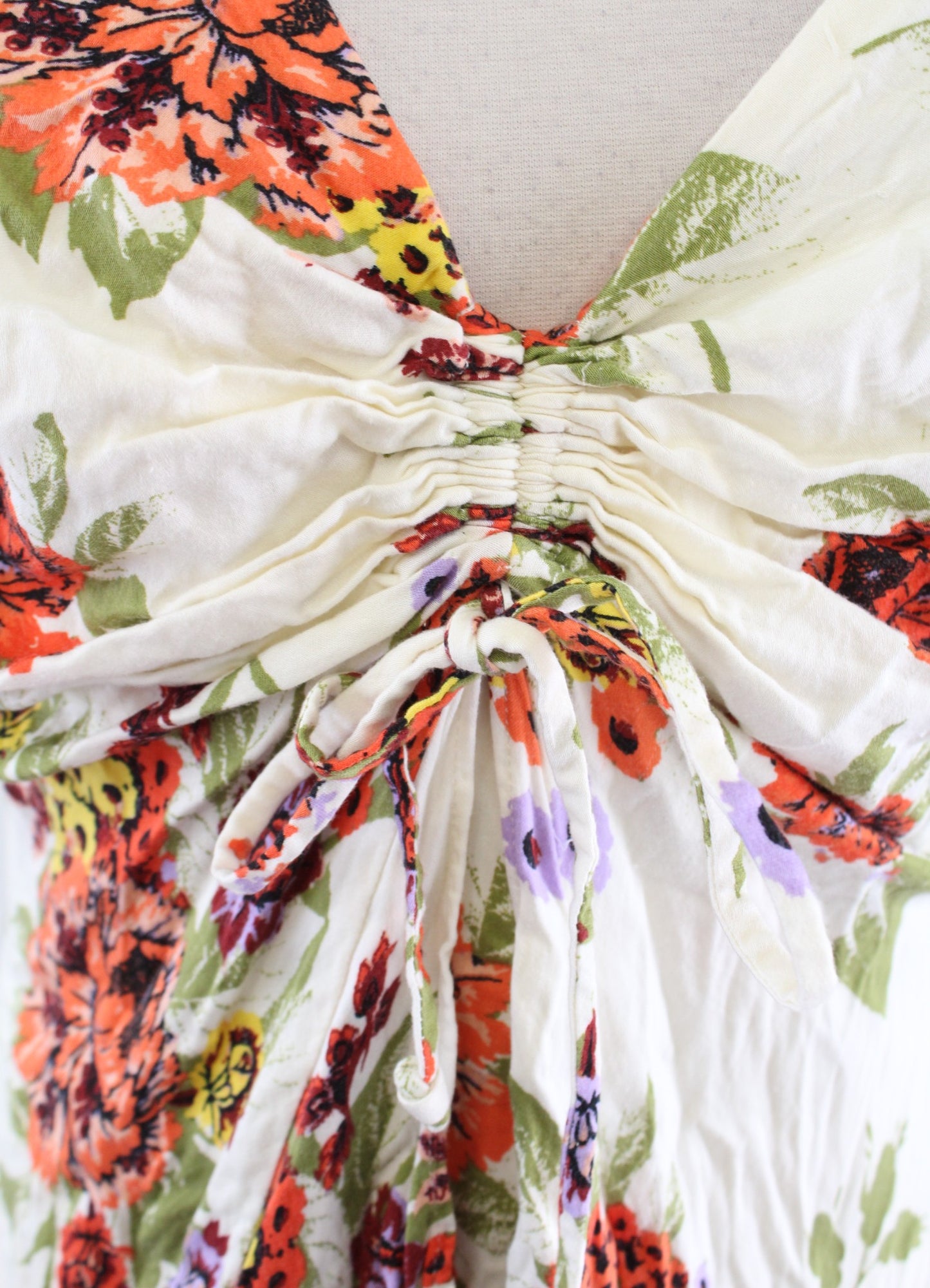 Free People Happy Heart Ivory Combo Floral Ruched Ruffle Mini Dress Size L