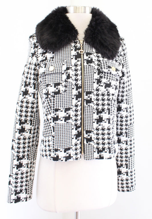 Joseph Ribkoff Black White Houndstooth Faux Fur Collar Cropped Jacket Size 8