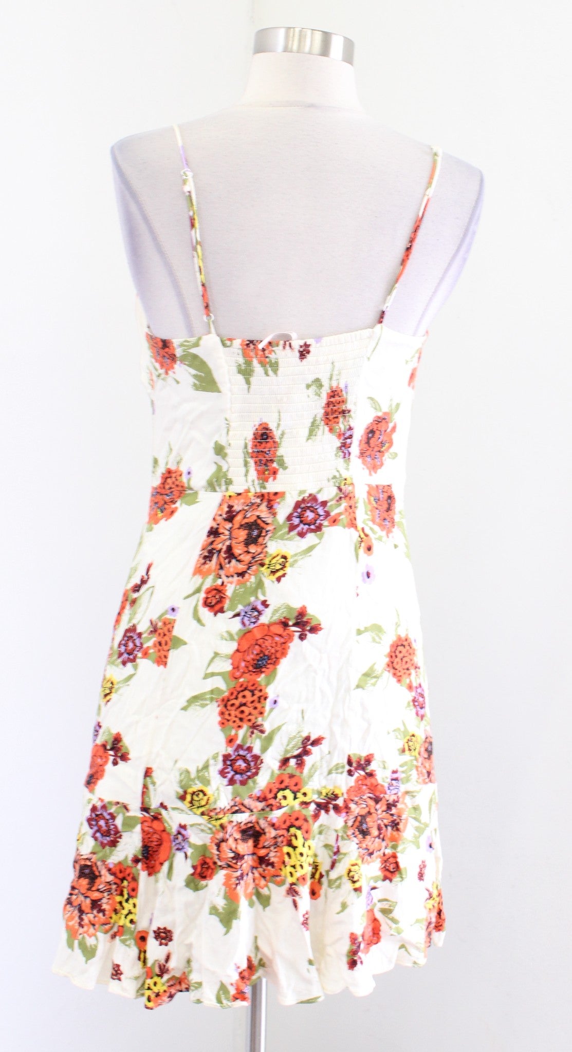 Free People Happy Heart Ivory Combo Floral Ruched Ruffle Mini Dress Size L