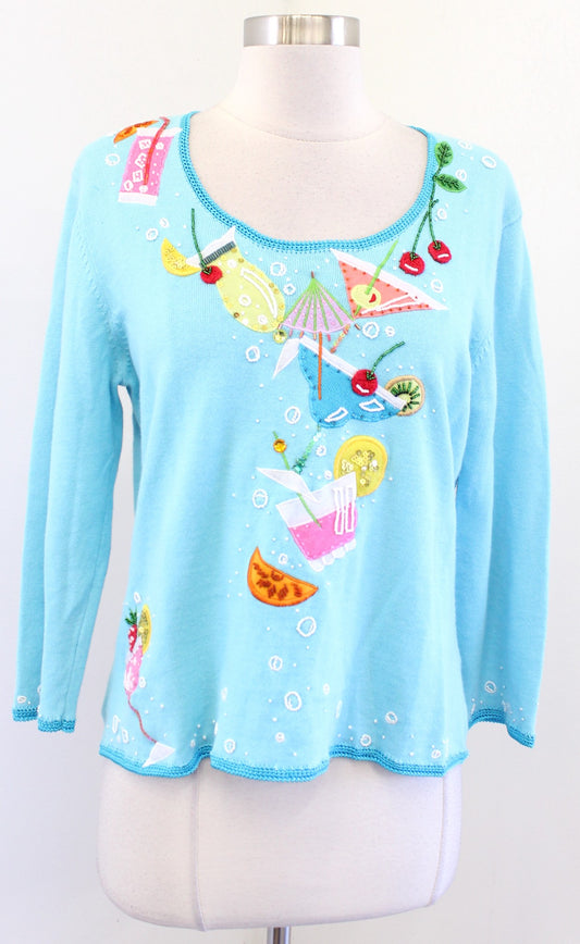 Jack B Quick Blue Embroidered Martini Margarita Drink Sweater Top Size M Y2k