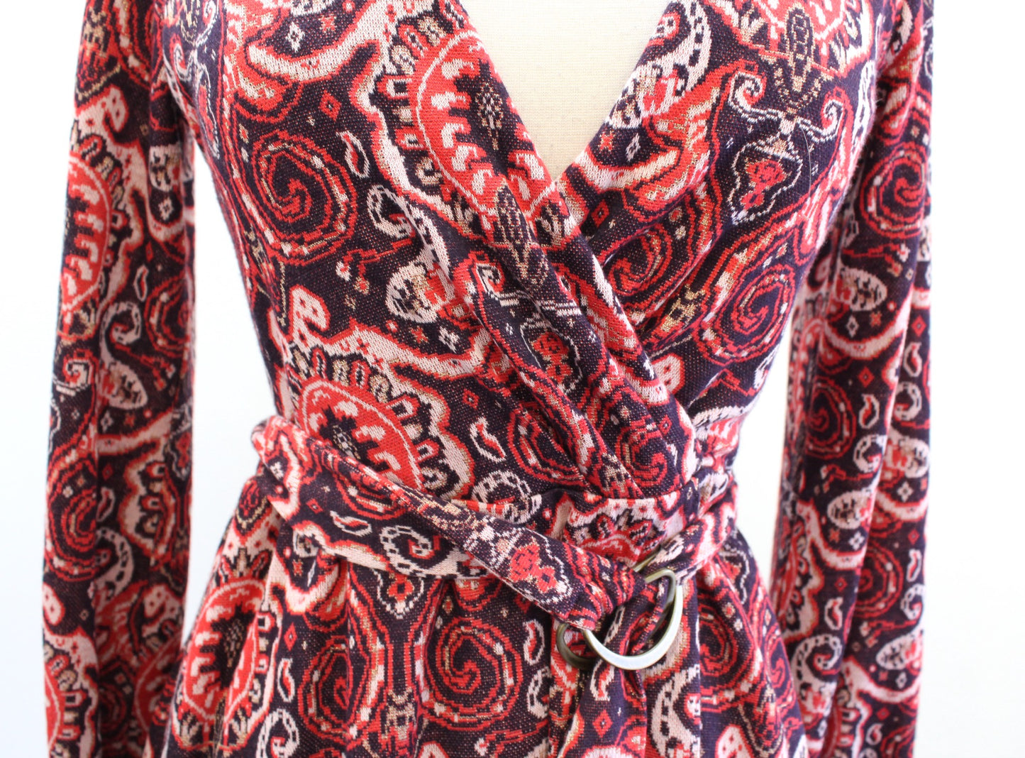 Maeve Anthropologie Paisley Print Metallic Knit Belted A Line Dress Size S Red