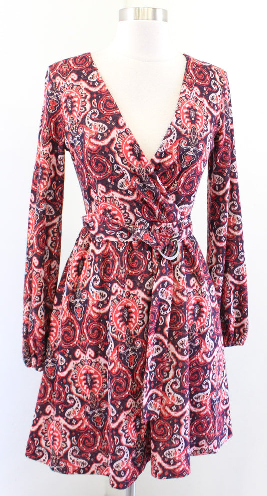 Maeve Anthropologie Paisley Print Metallic Knit Belted A Line Dress Size S Red