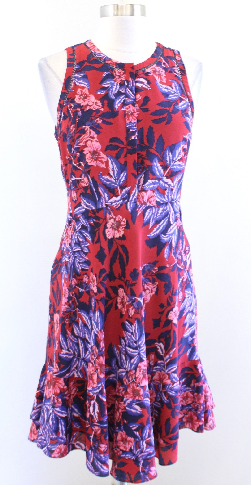 Rebecca Taylor Silk Flame of the Forest Floral Print Dress Size 4 Flounce Red