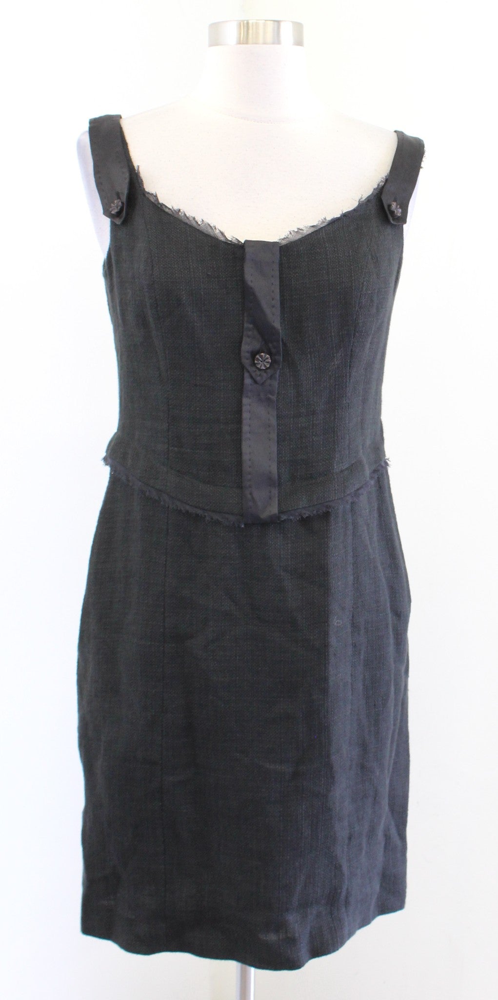 Les Copains Black Linen Blend Tweed Texture Mesh Trim Sheath Dress Size 42 Mini