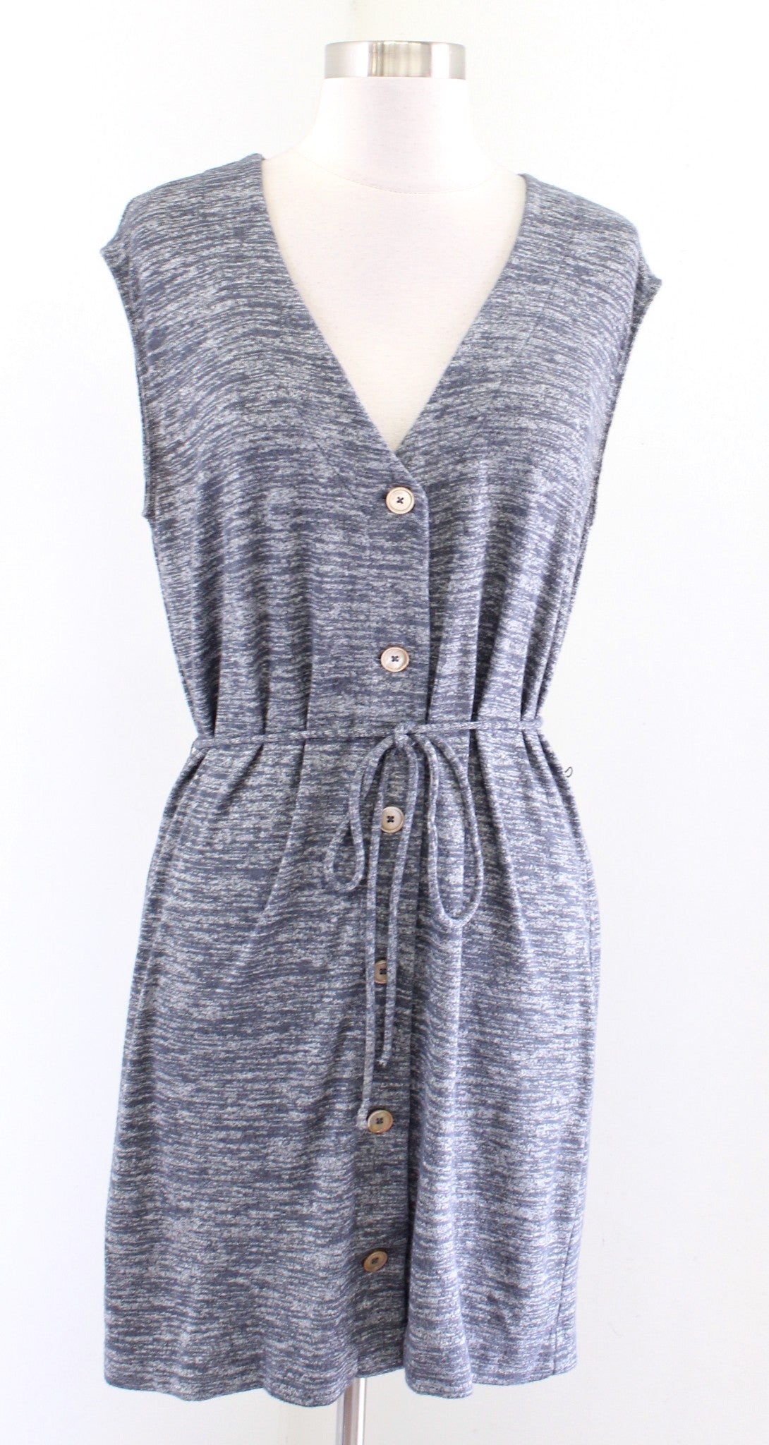 Wilfred Free Aritzia Heather Blue / Gray Button Front Tie Waist V Neck Dress S