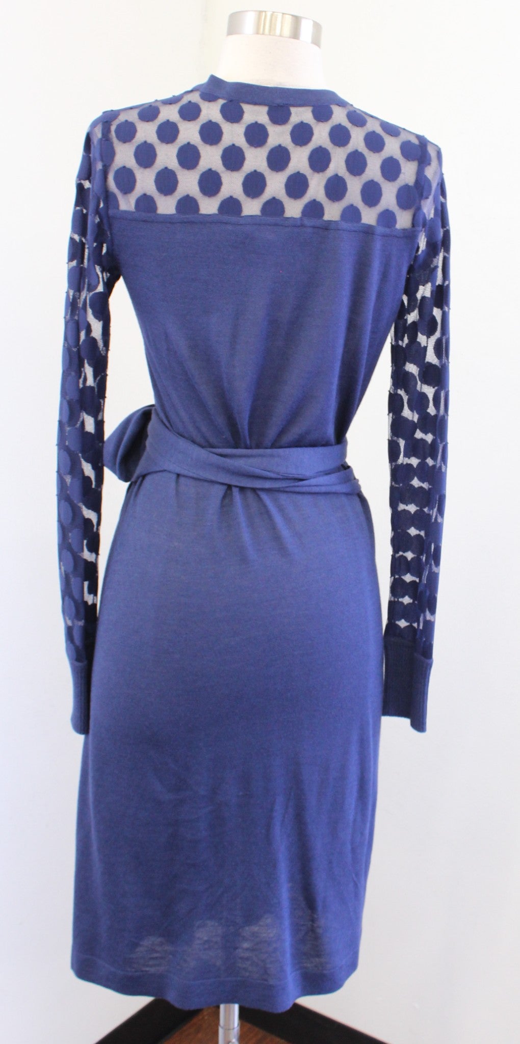 Diane Von Furstenberg Linda Blue Silk Mesh Polka Dot Long Sleeve Wrap Dress Sz S