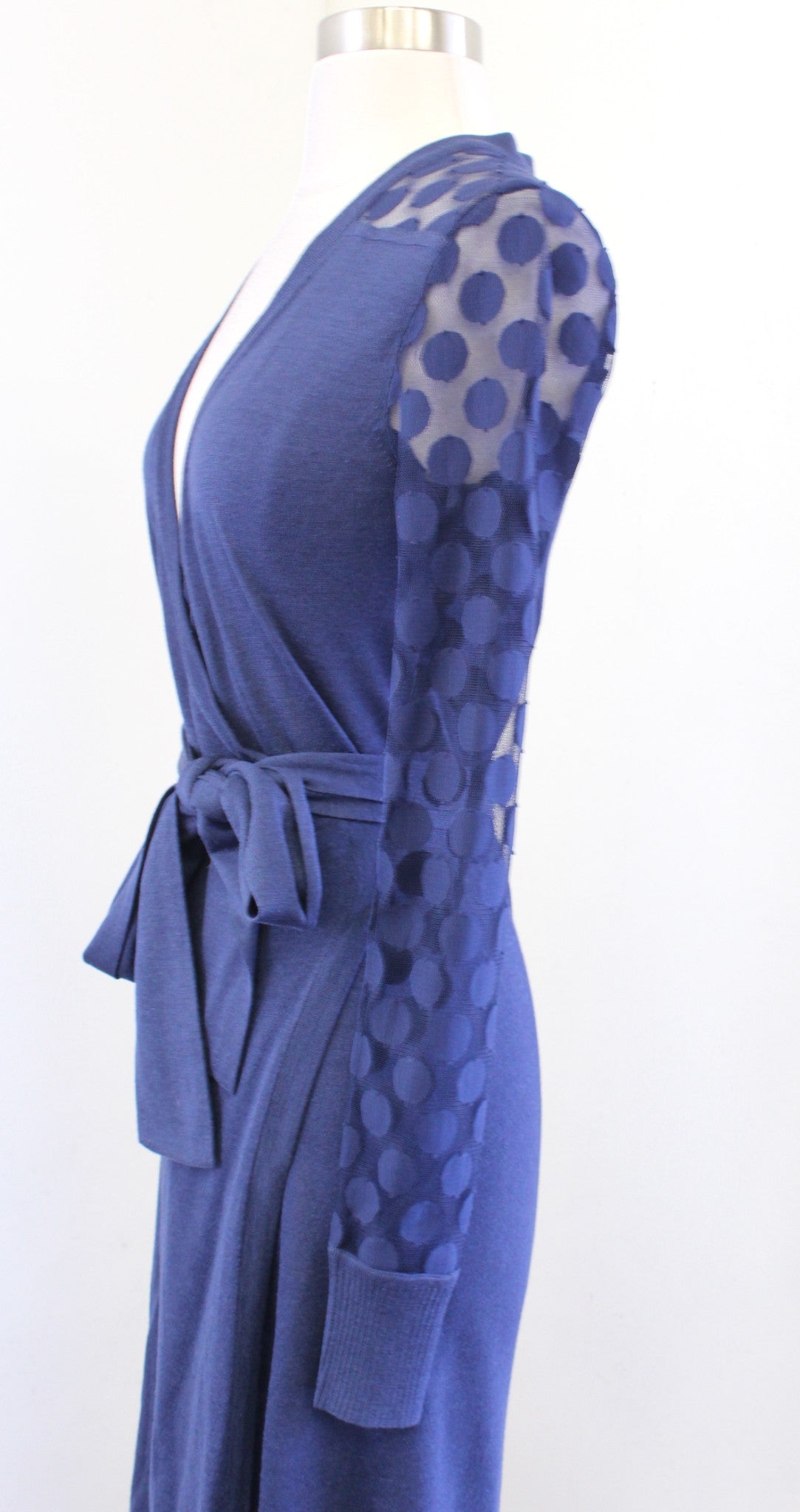 Diane Von Furstenberg Linda Blue Silk Mesh Polka Dot Long Sleeve Wrap Dress Sz S