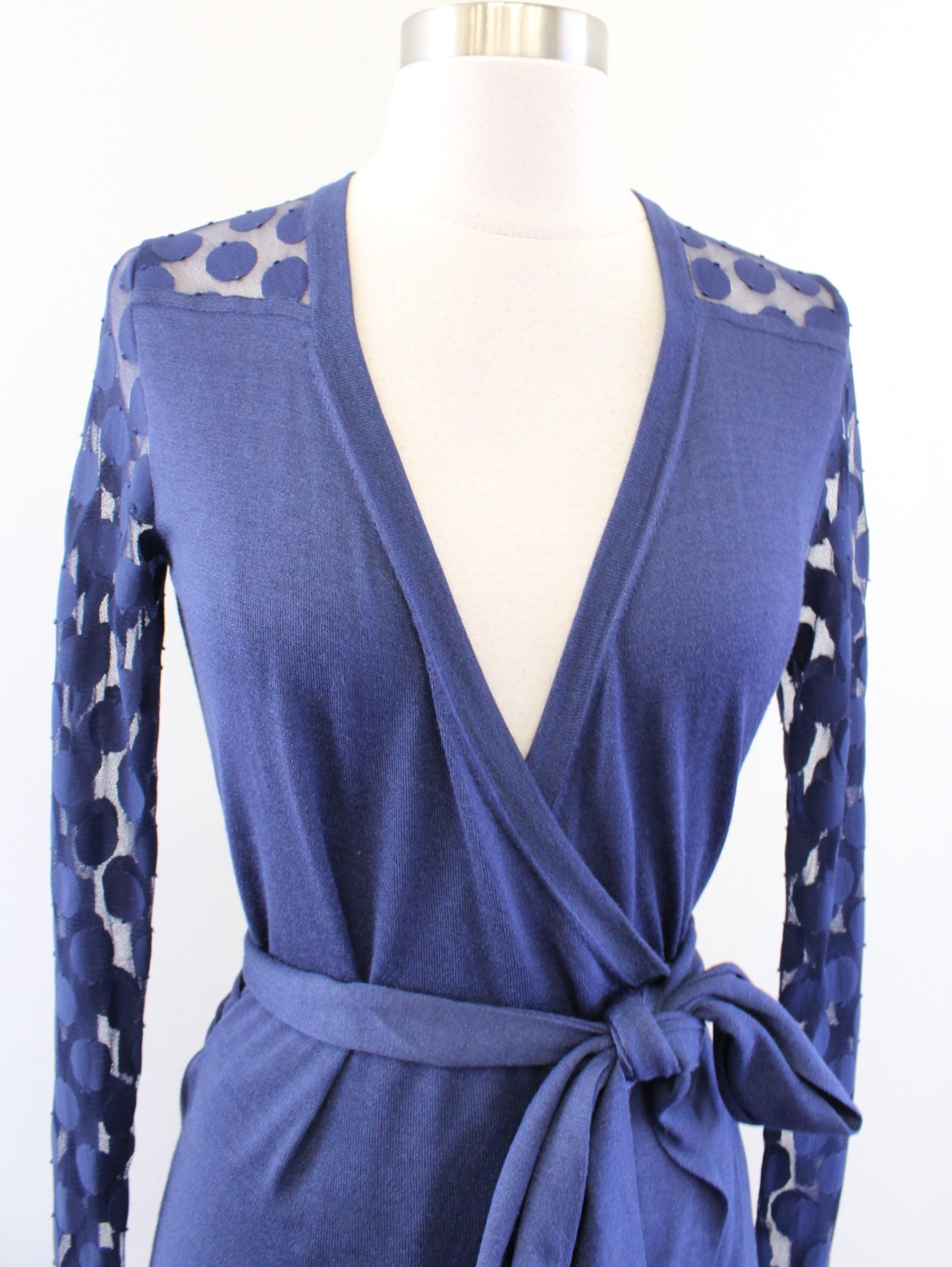 Diane Von Furstenberg Linda Blue Silk Mesh Polka Dot Long Sleeve Wrap Dress Sz S