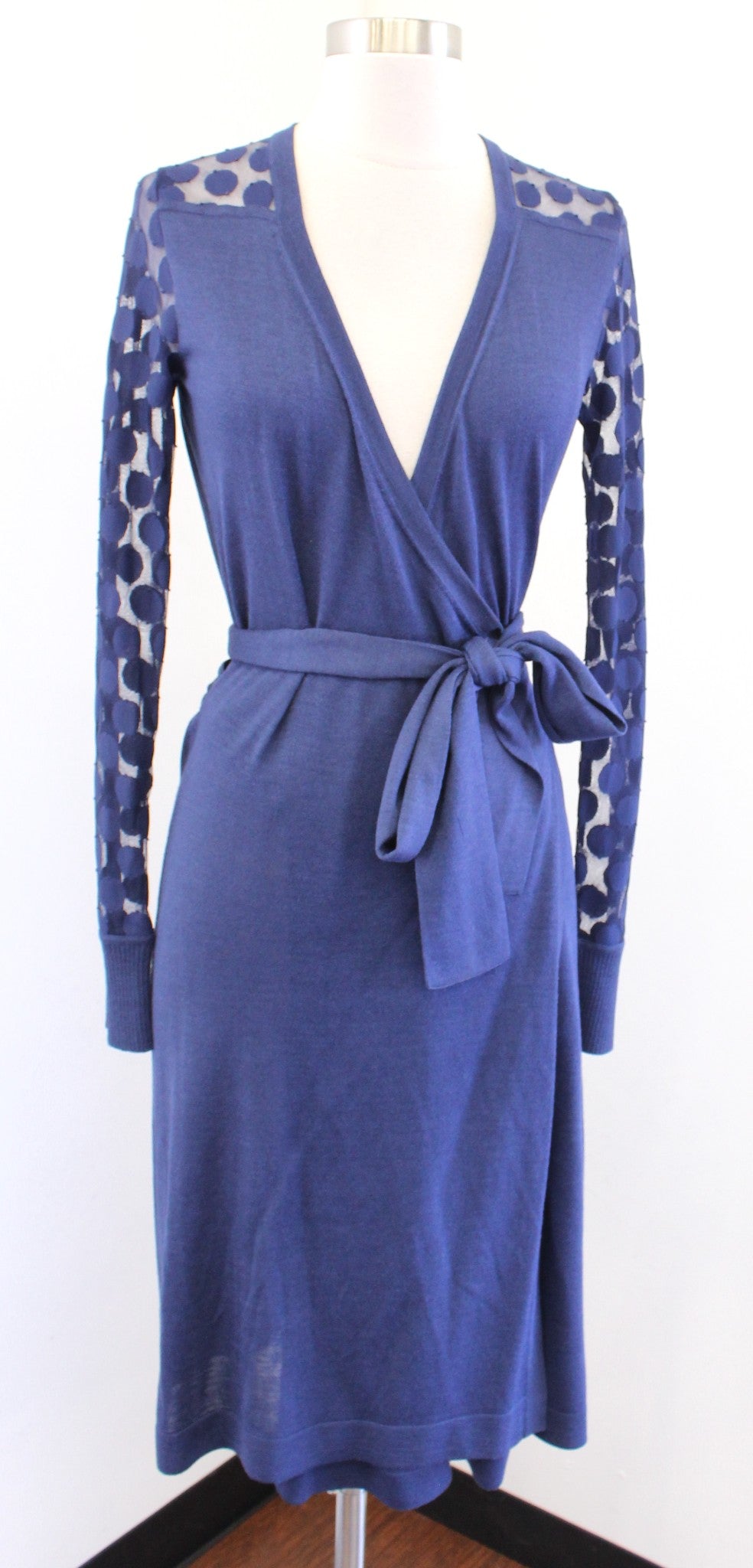 Diane Von Furstenberg Linda Blue Silk Mesh Polka Dot Long Sleeve Wrap Dress Sz S