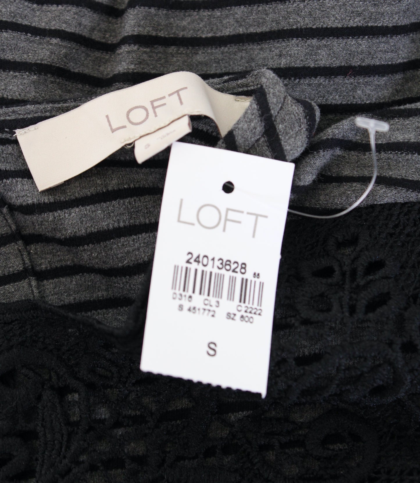 NWT Ann Taylor Loft Gray Black Striped Cutout Lace Neckline Shift Dress Size S