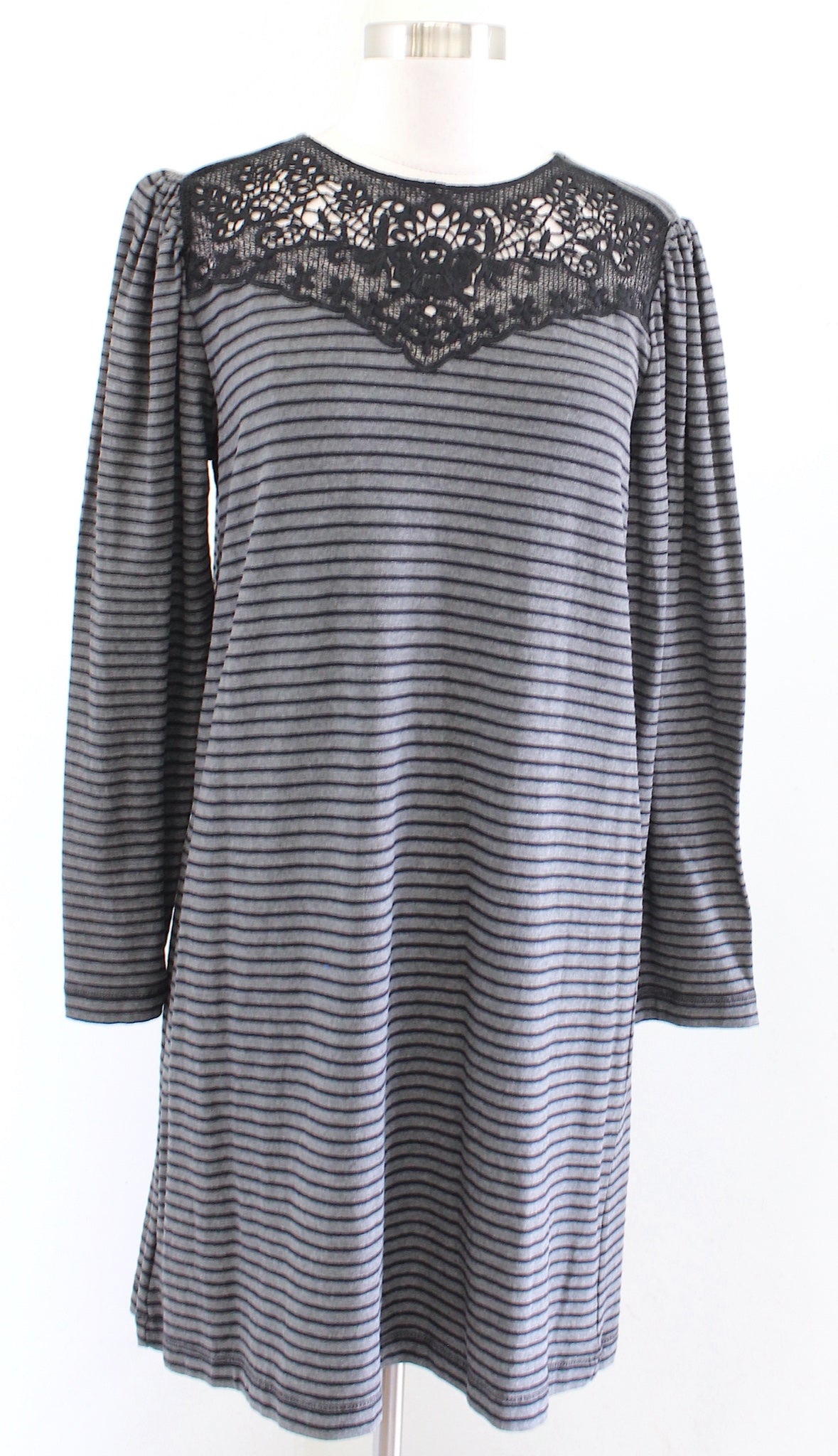 NWT Ann Taylor Loft Gray Black Striped Cutout Lace Neckline Shift Dress Size S